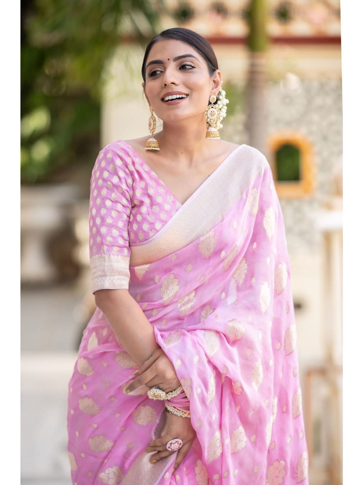 Banarasi handloom khadi georgette silk soft falling saree all over beautiful water zari weaving work any color possible ready to wear blouse