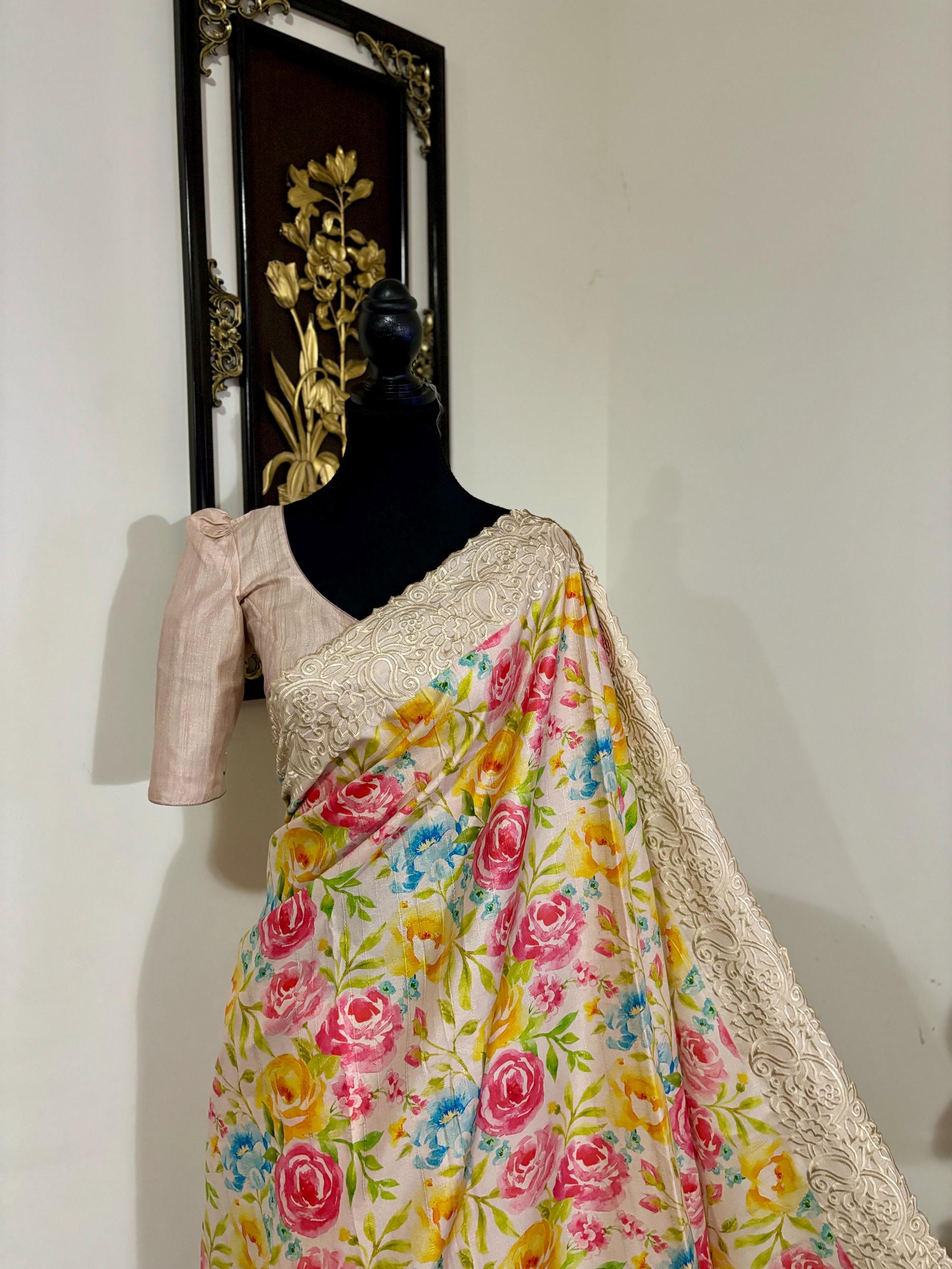 Light weight easy to drape Soft Silk fancy Saree; with beautiful pythani boarder, with Pochampalli design ready to wear Blouse fits 32-46