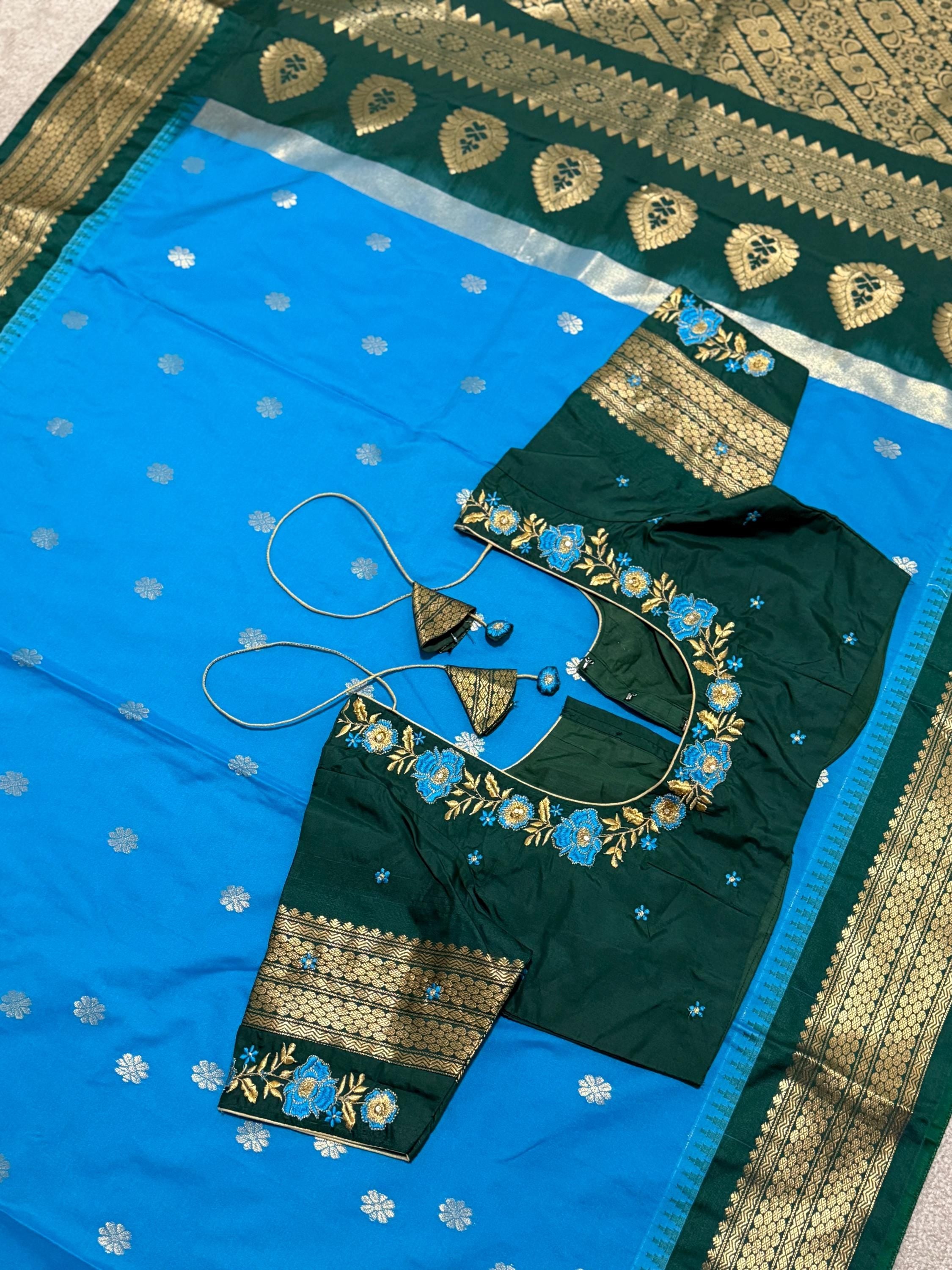 Gadwal Handloom pure silk sarees in rare colors and ready to wear blouse with embroidered blouse fits up to 32 -46 saree is ready fall pico