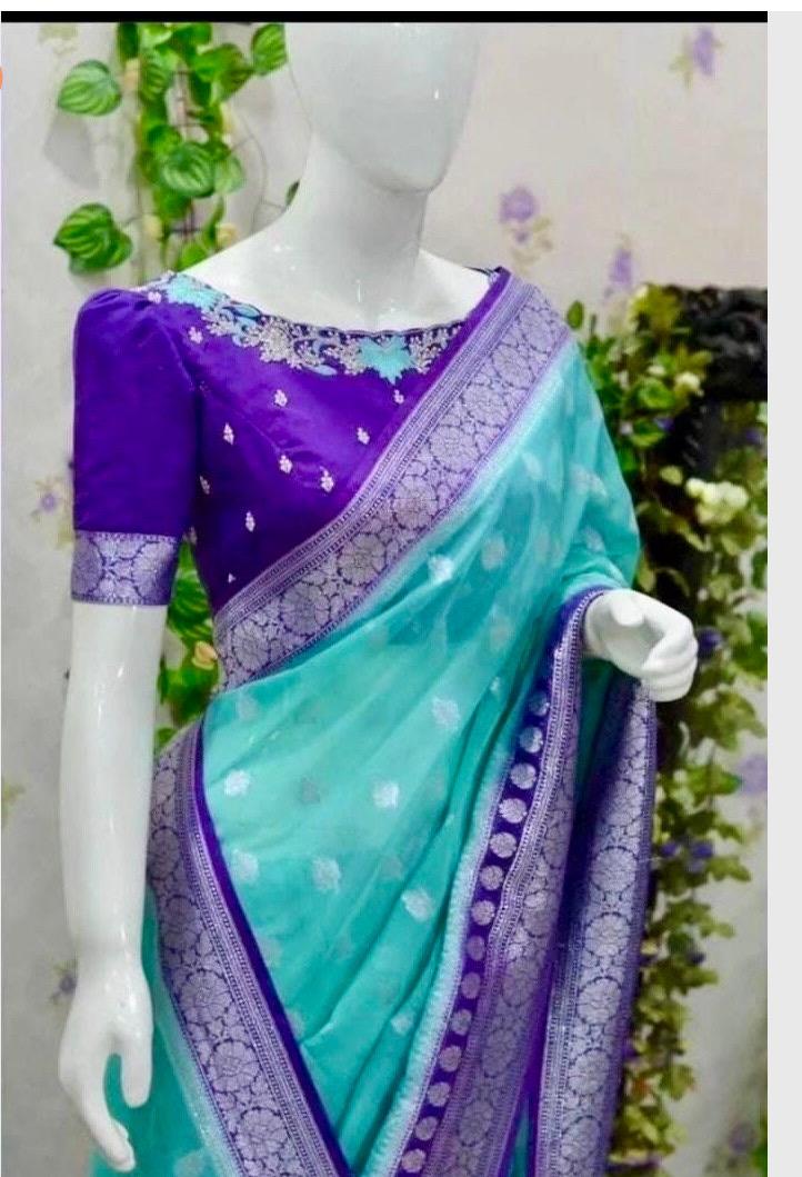Handloom  banarasi kattan saree paired up with pretty maggam work blouse. ready to wear maggam blouse fits to 32-46 swipe left choose color