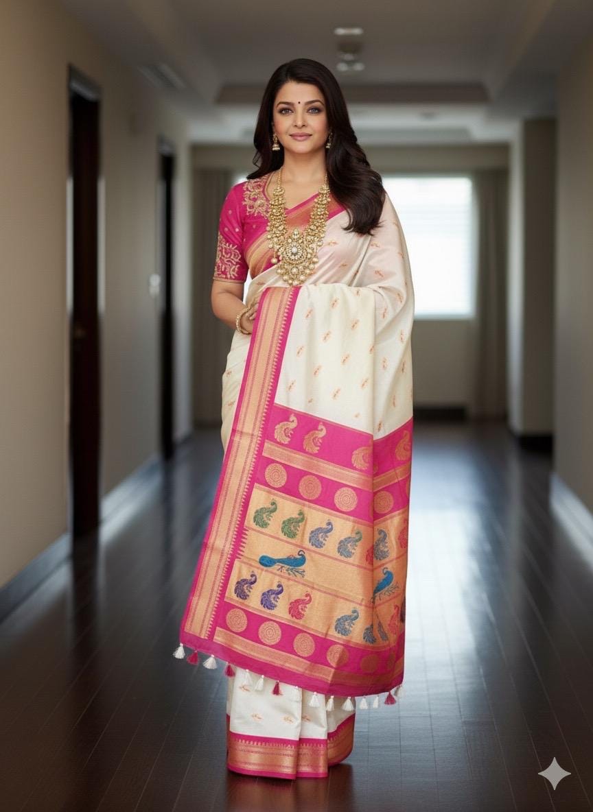 Beautiful pythani pure silk saree with   ready to wear beautiful  work blouse fits up to 32 to 46 Bottle green color, saree is ready to wear