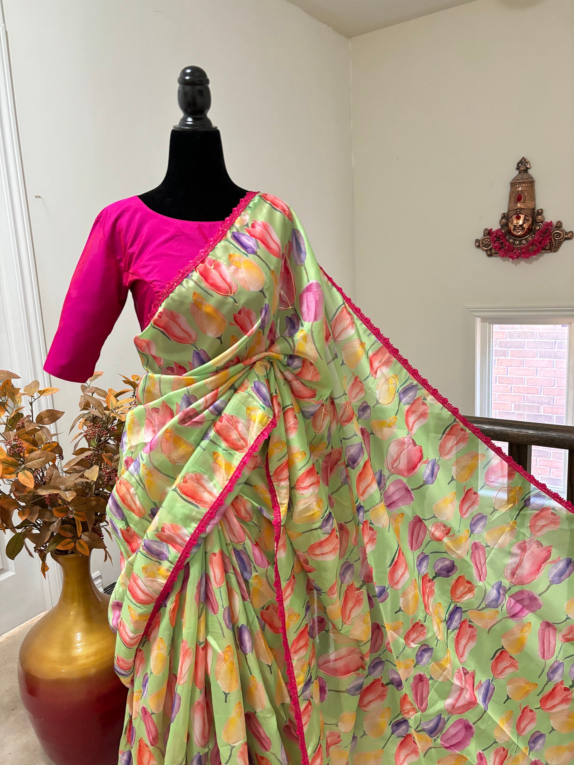 Beautiful Designer floral soft Organza Saree with beautiful lace ready to wear designer blouse fits to 32 to 46
