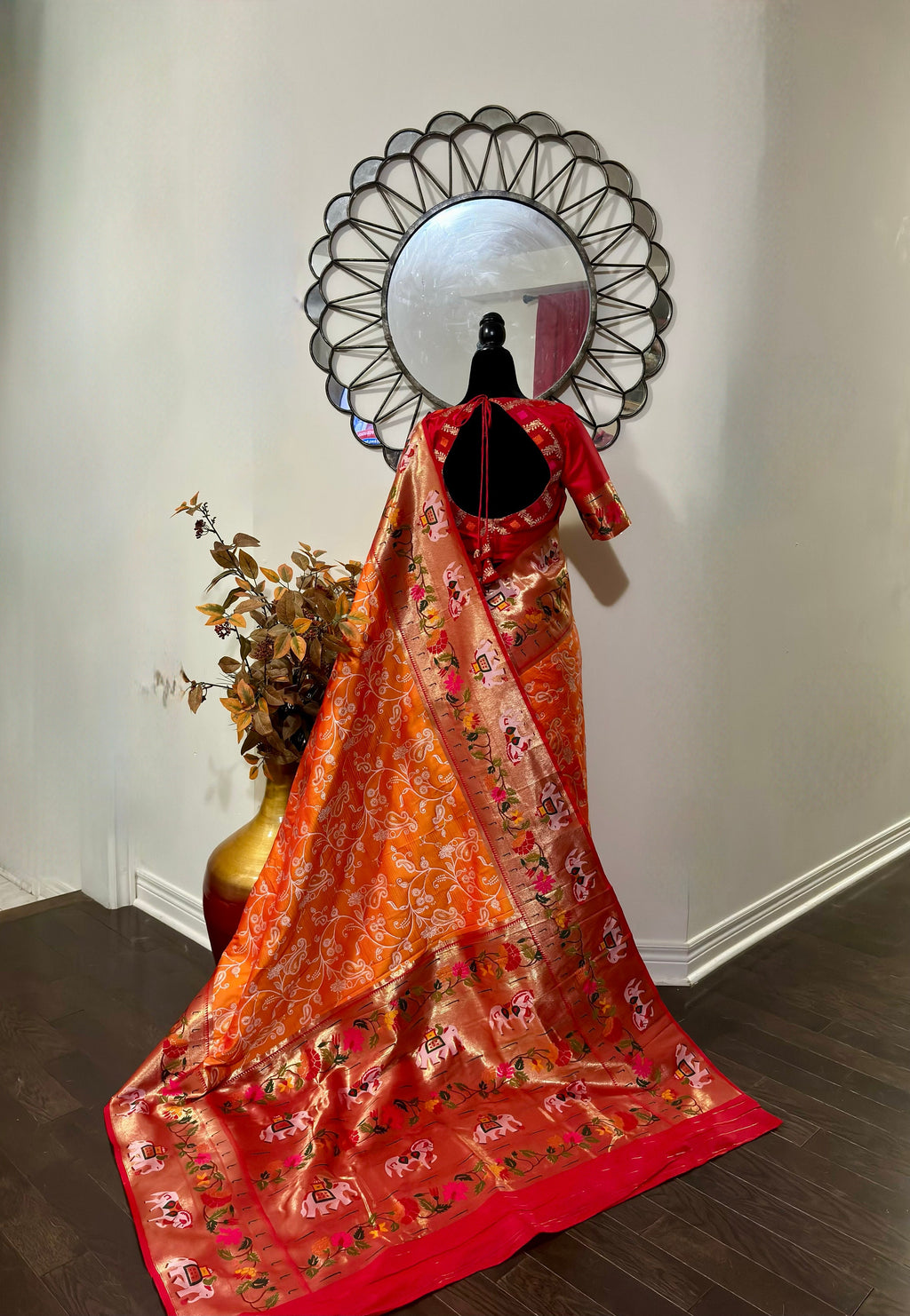 Beautiful Banarasi pythani saree in beautiful color with beautiful boarder and beautiful Pallu. Ready to wear maggam designer blouse 32-46