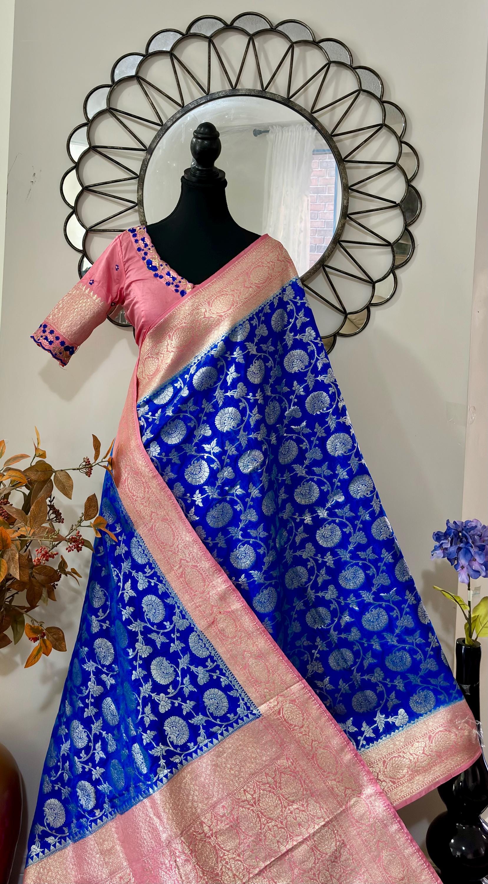 Beautiful banarasi silk saree paired up with beautiful embroidery blouse fits to 32 to 46 in beautiful rare colors all over jaal. Cocktails