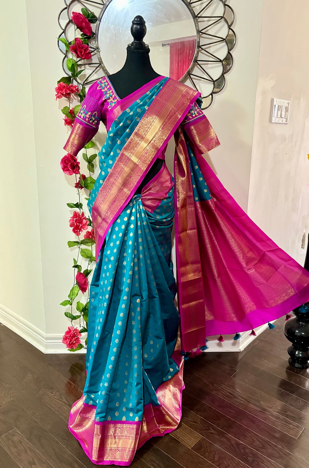 Kanchipuram soft silk saree in rare colors with beautifully done hand  made embroidered blouse with ready to wear work blouse fits 32 to 46