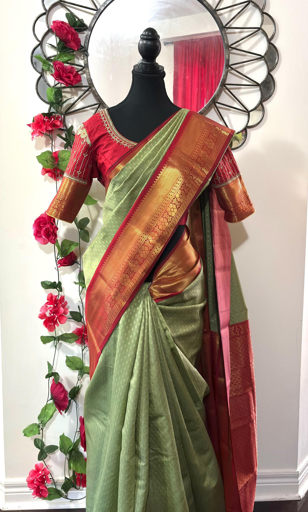 Kanchipuram soft silk saree in rare colors with beautifully done hand  made embroidered blouse with ready to wear work blouse fits 32 to 46