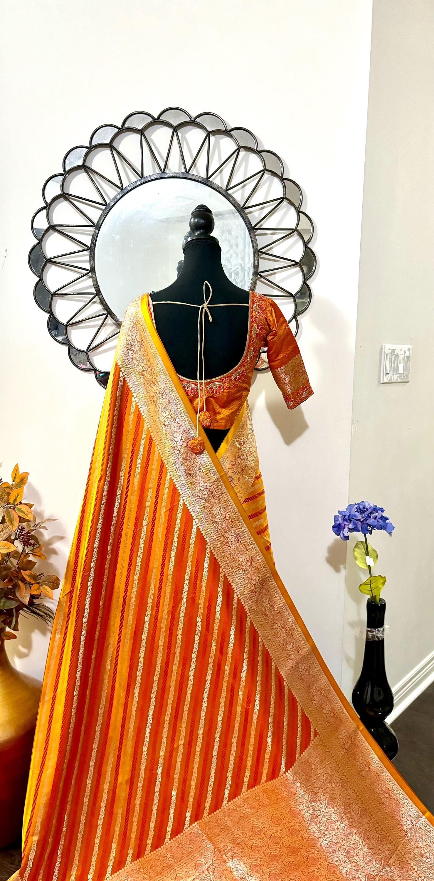 Pure silk  banarasi silk saree paired up with beautiful embroidery blouse fits to 32 to 46 in beautiful rare colors all over jaal. Cocktails