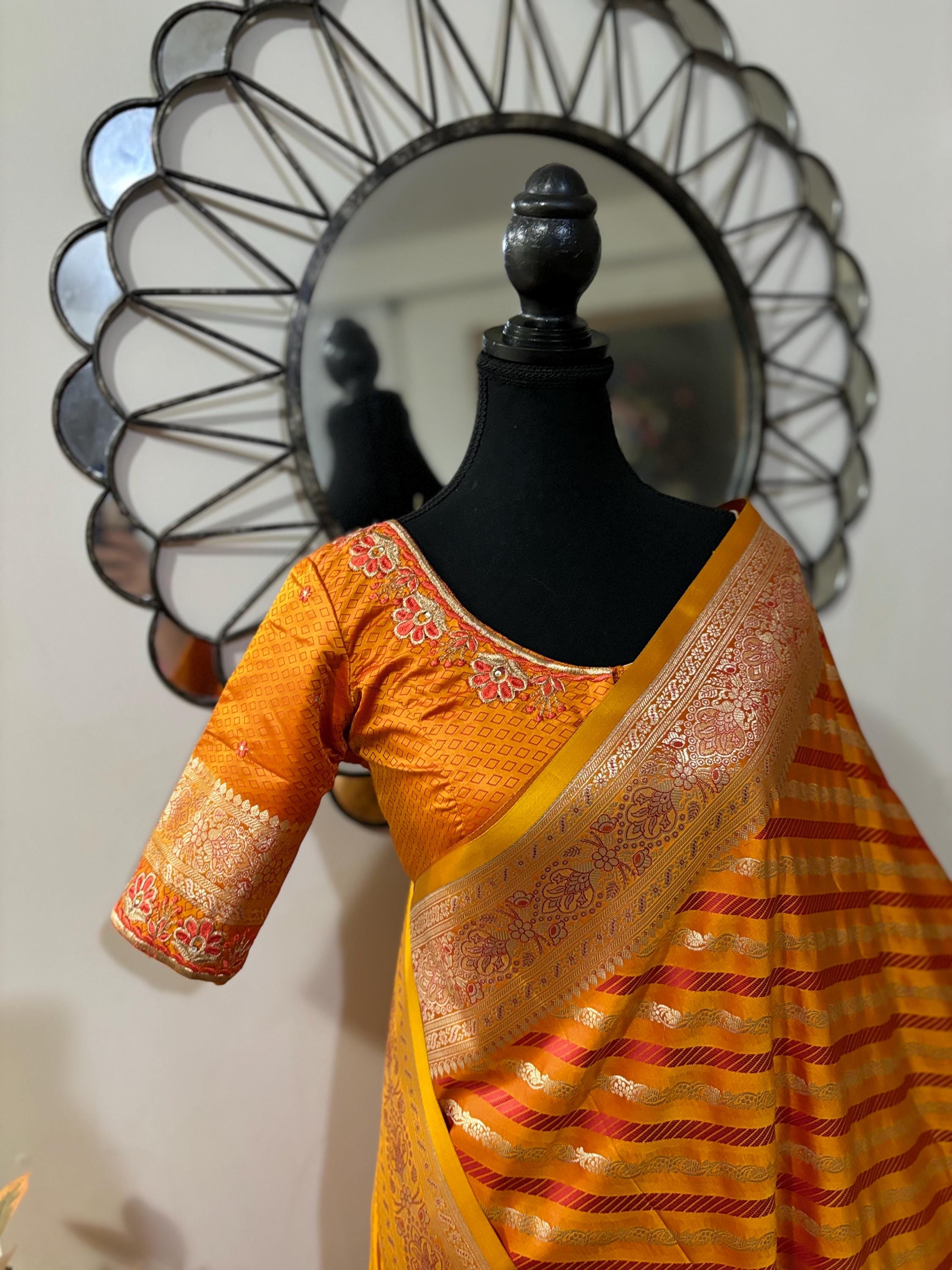 Pure silk  banarasi silk saree paired up with beautiful embroidery blouse fits to 32 to 46 in beautiful rare colors all over jaal. Cocktails