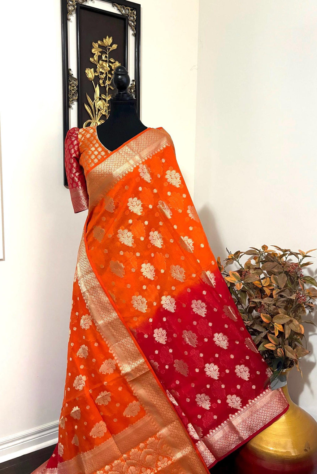 Banarasi dual shade handloom khadi georgette silk saree all over beautiful waterzariweavingbeautifulcombinations,orange and red readyblouse
