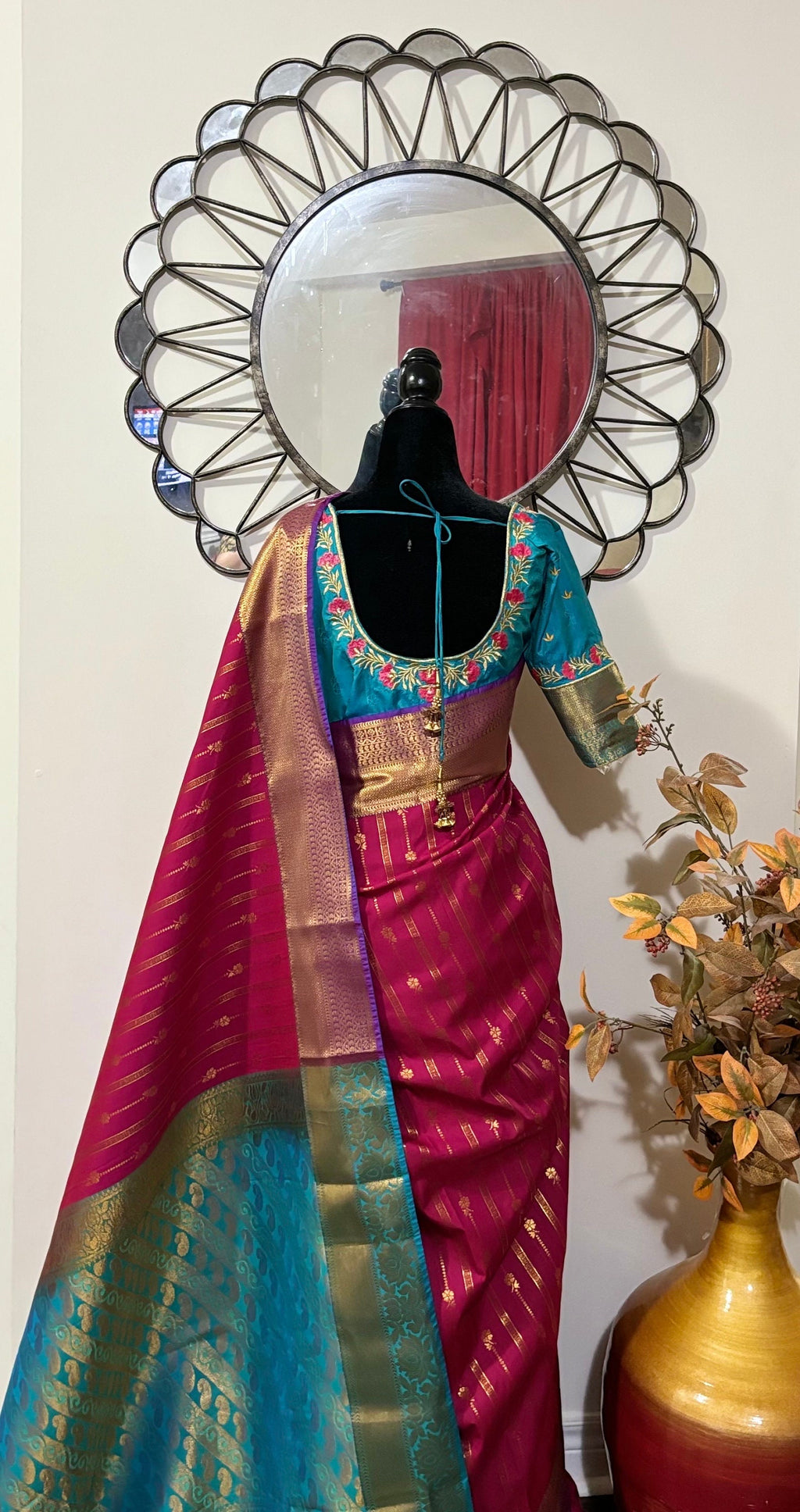 Kanchipuram soft silk saree in rarecolors with beautifully done hand  made embroidered blouse with readytowear work blouse fitsup to32 to 46
