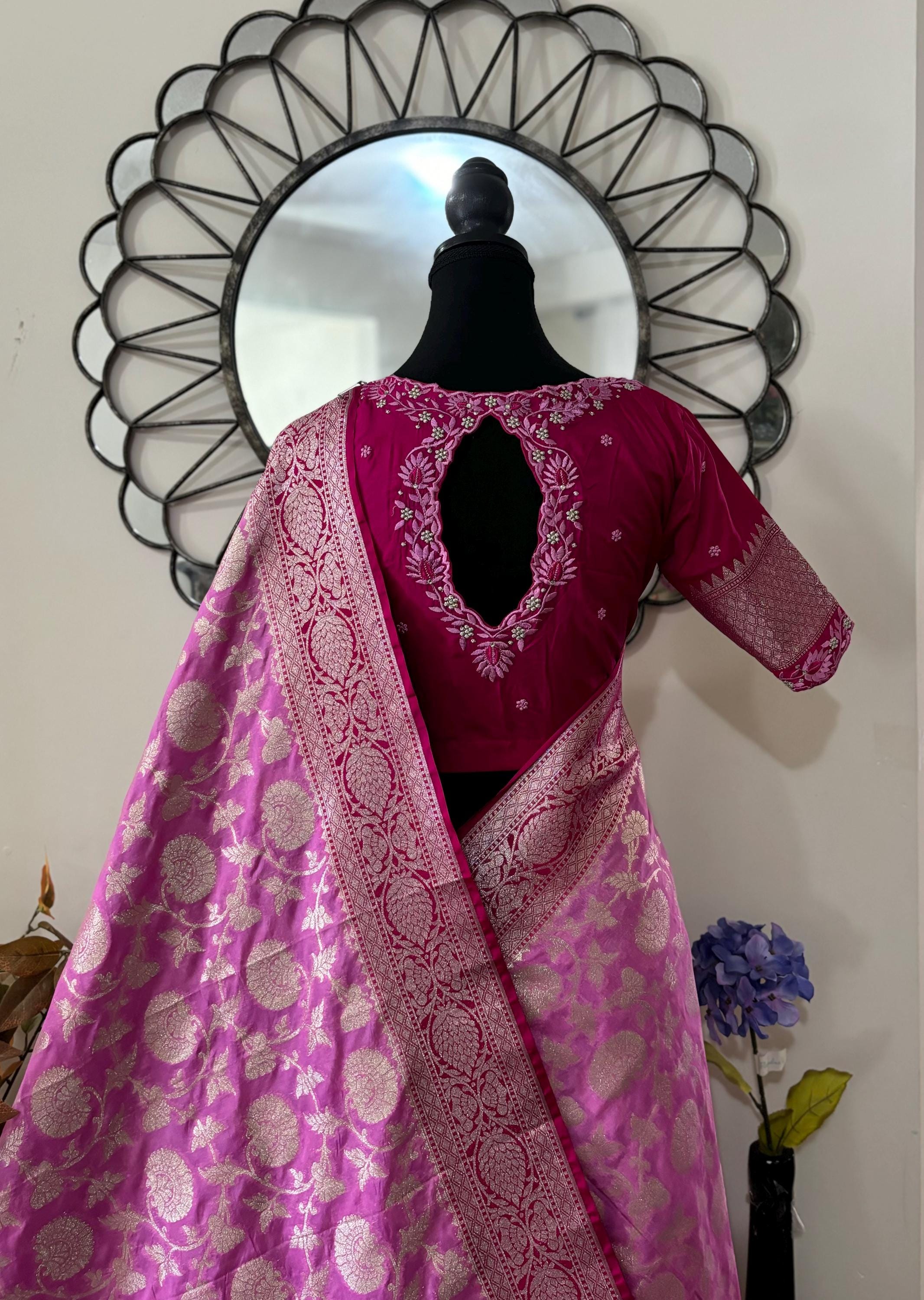 Beautiful banarasi silk saree paired up with beautiful embroidery blouse fits to 32 to 46 in beautiful rare colors all over jaal. Cocktails