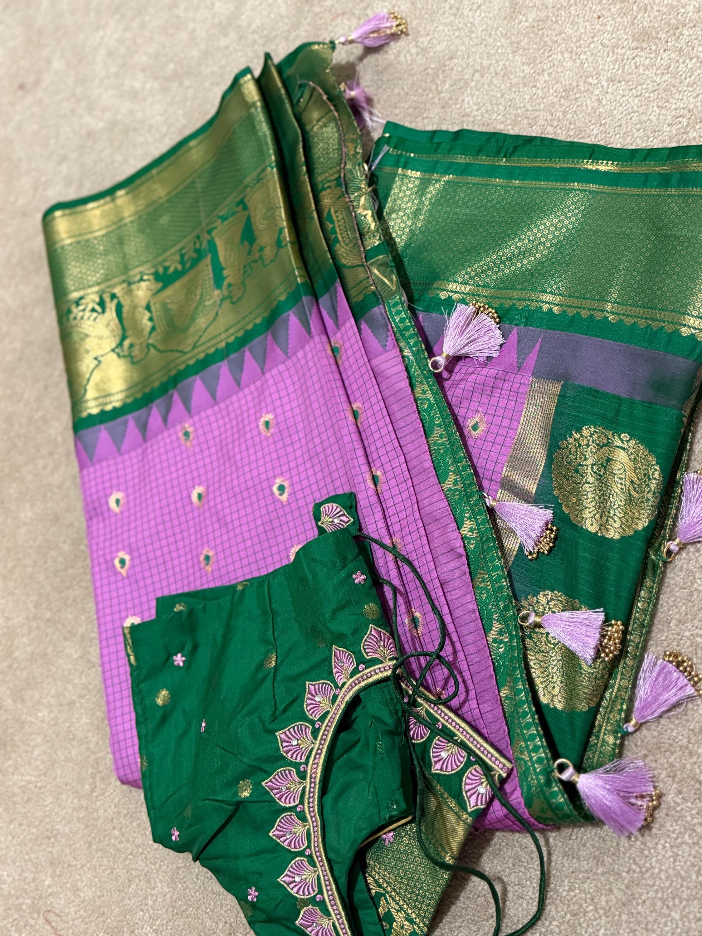 Gadwal Handloom pure silk sarees in rare colors and ready to wear blouse with embroidered blouse fits up to 32 -46 saree is ready fall pico