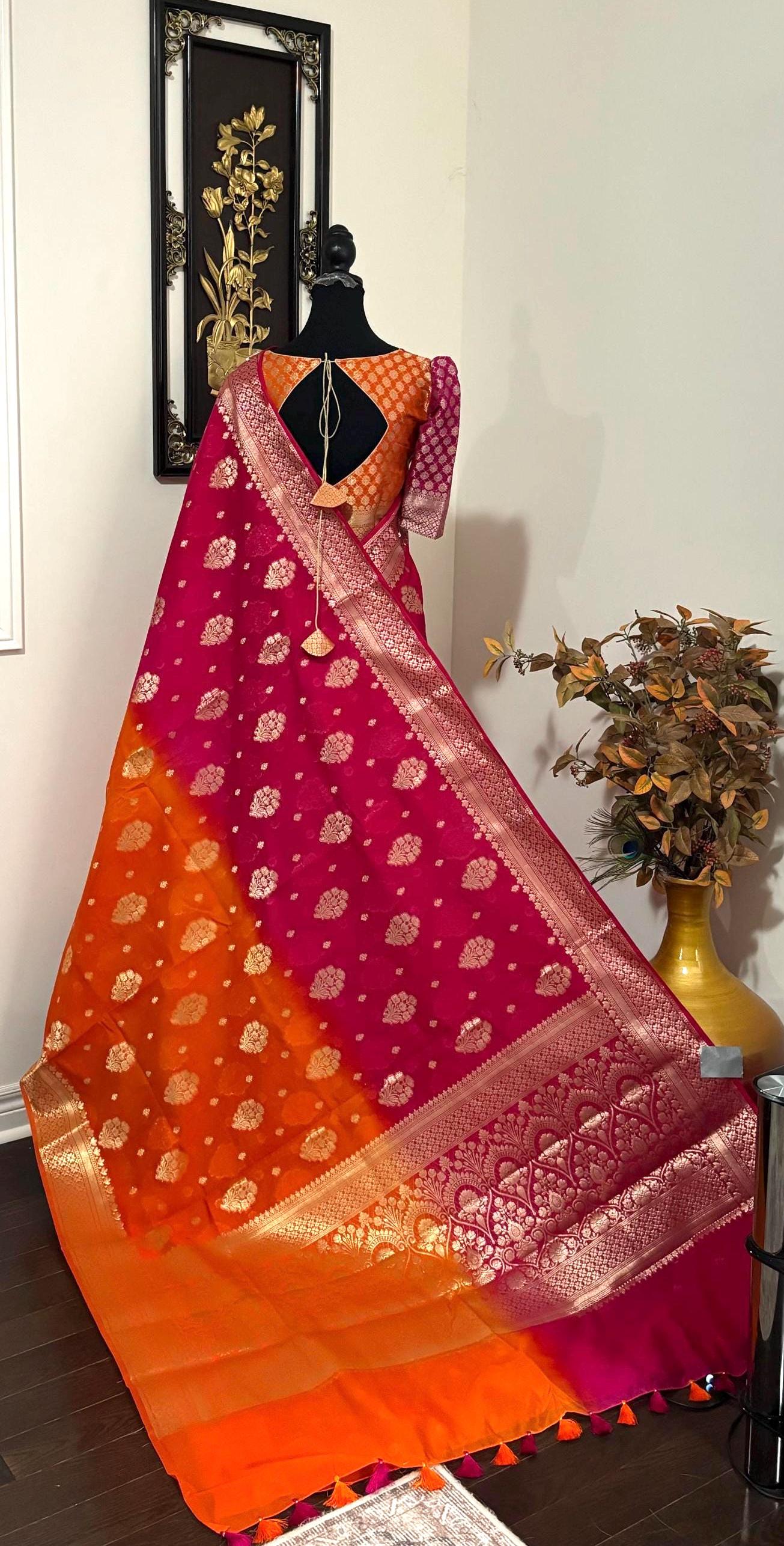 Beautiful Banarasi Dual shade  handloom khadi georgette silk saree all over beautiful water zari weaving work all over  32-46 Ready Blouse