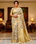 Beautiful soft cream color mango silk saeee with kalamkari saree along with embroided blouse ready to wear