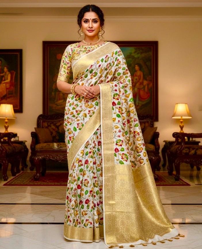 Beautiful soft cream color mango silk saeee with kalamkari saree along with embroided blouse ready to wear