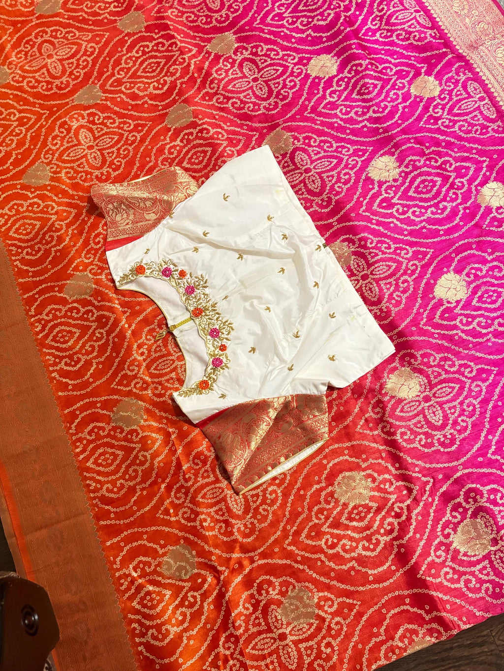 Beautiful cocktail dual shade  bandini silk saree paired up pretty maggam blouse fits  sizes 32 -46 ready to wear prettiest blouse