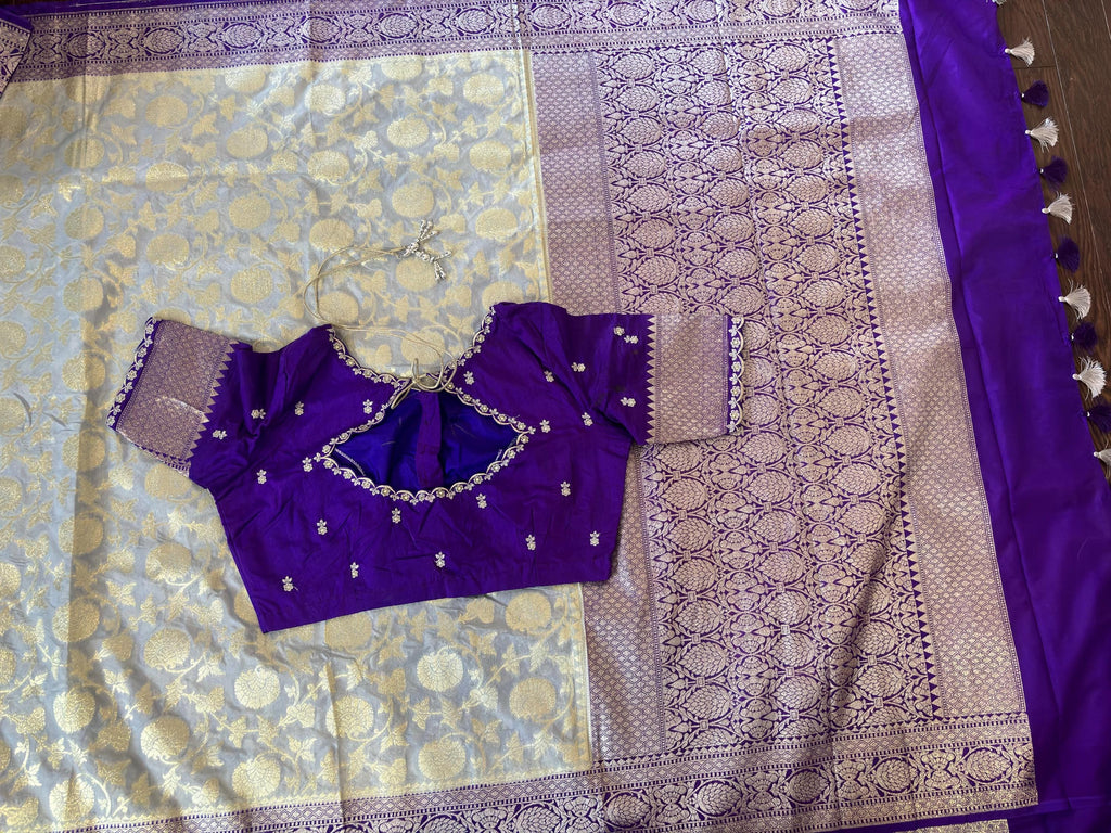 Beautiful banarasi silk saree paired up with beautiful embroidery blouse fits to 32 to 46 in beautiful rare colors all over jaal. Cocktails