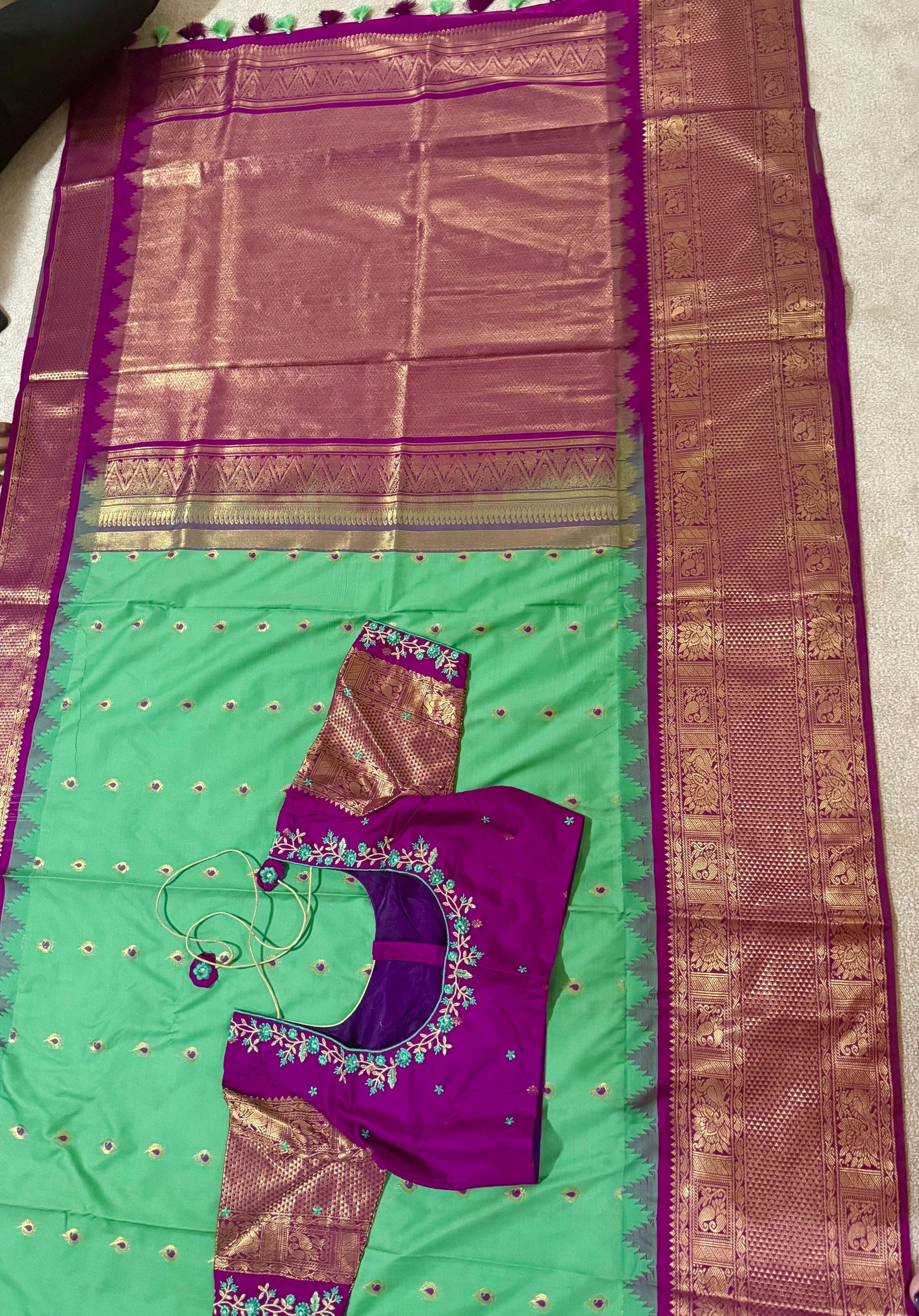 Gadwal Handloom pure silk sarees in rare colors and ready to wear blouse with embroidered blouse fits up to 32 -46 saree is ready fall pico