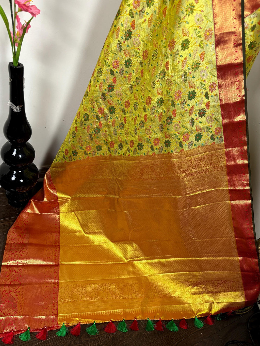 Kanchipuram tissu silk saree in rare colors with beautifully done hand  made embroidered blouse with ready to wear work blouse fits 32 to 46
