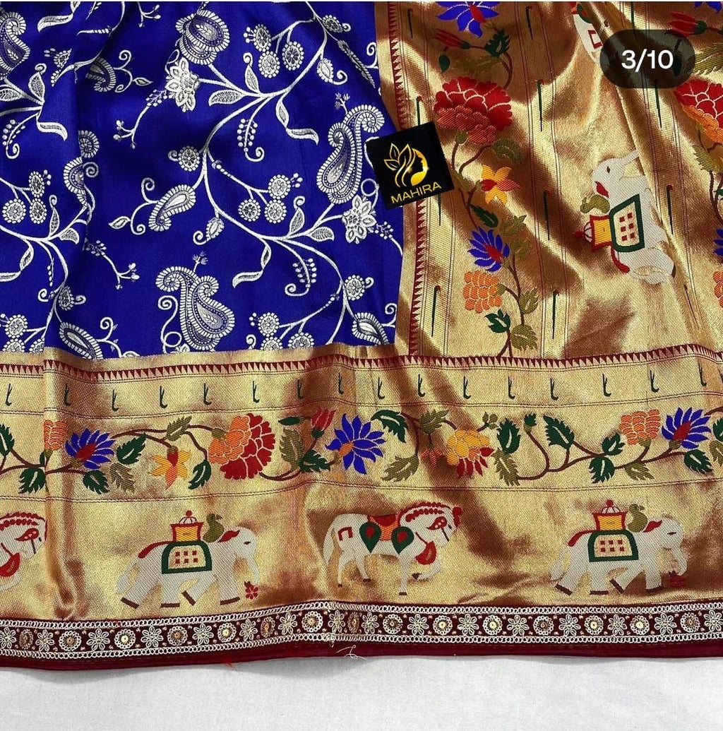 Beautiful soft paithani silk saree with all over zari weaving along with contrast munia border and pretty sequins lace border