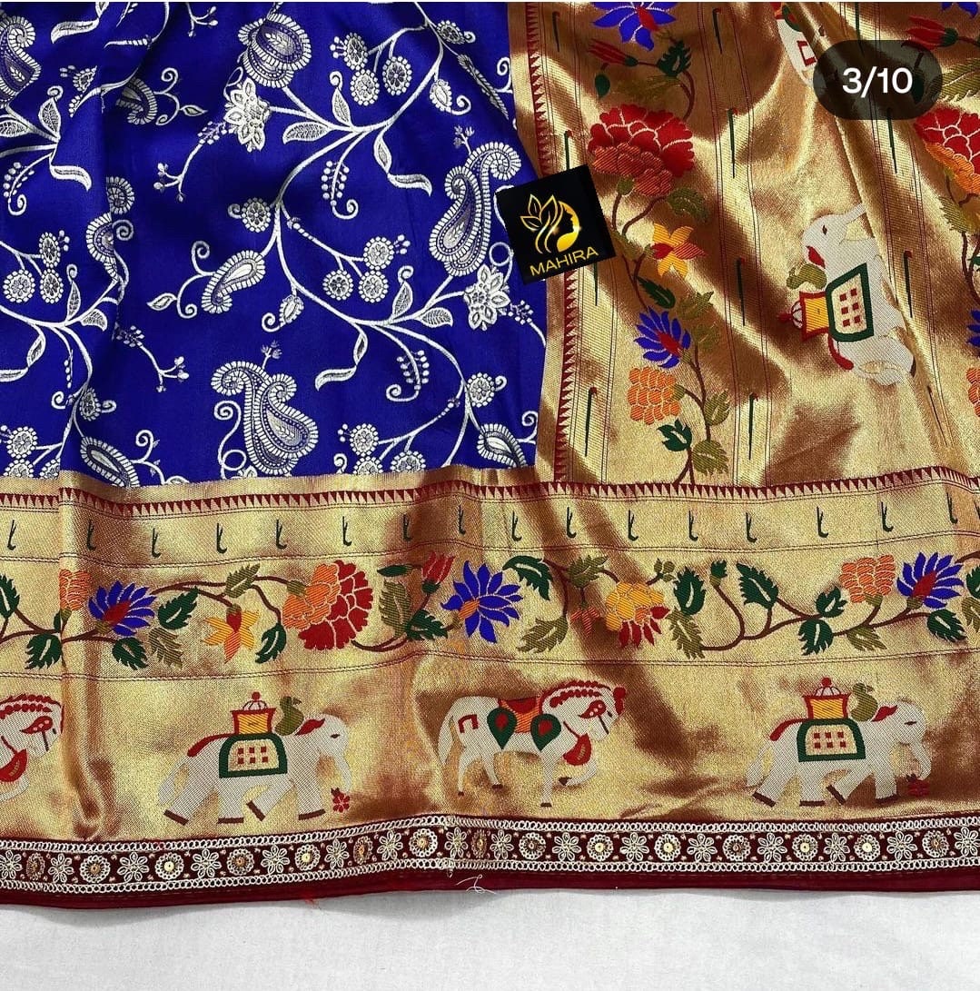 Beautiful soft paithani silk saree with all over zari weaving along with contrast munia border and pretty sequins lace border