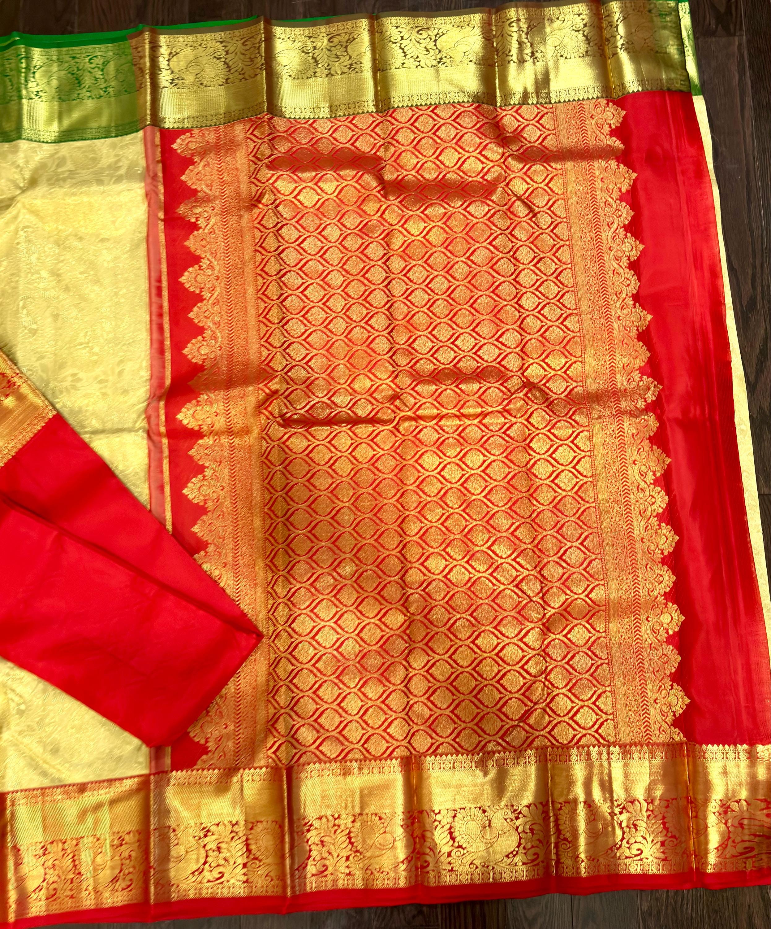 Beautiful gold dual shade boarder Bridal  2 gram gold pure handloom  Silk Kanjeevarm/Kanchipattu Saree ready to dispatch silk mark certified