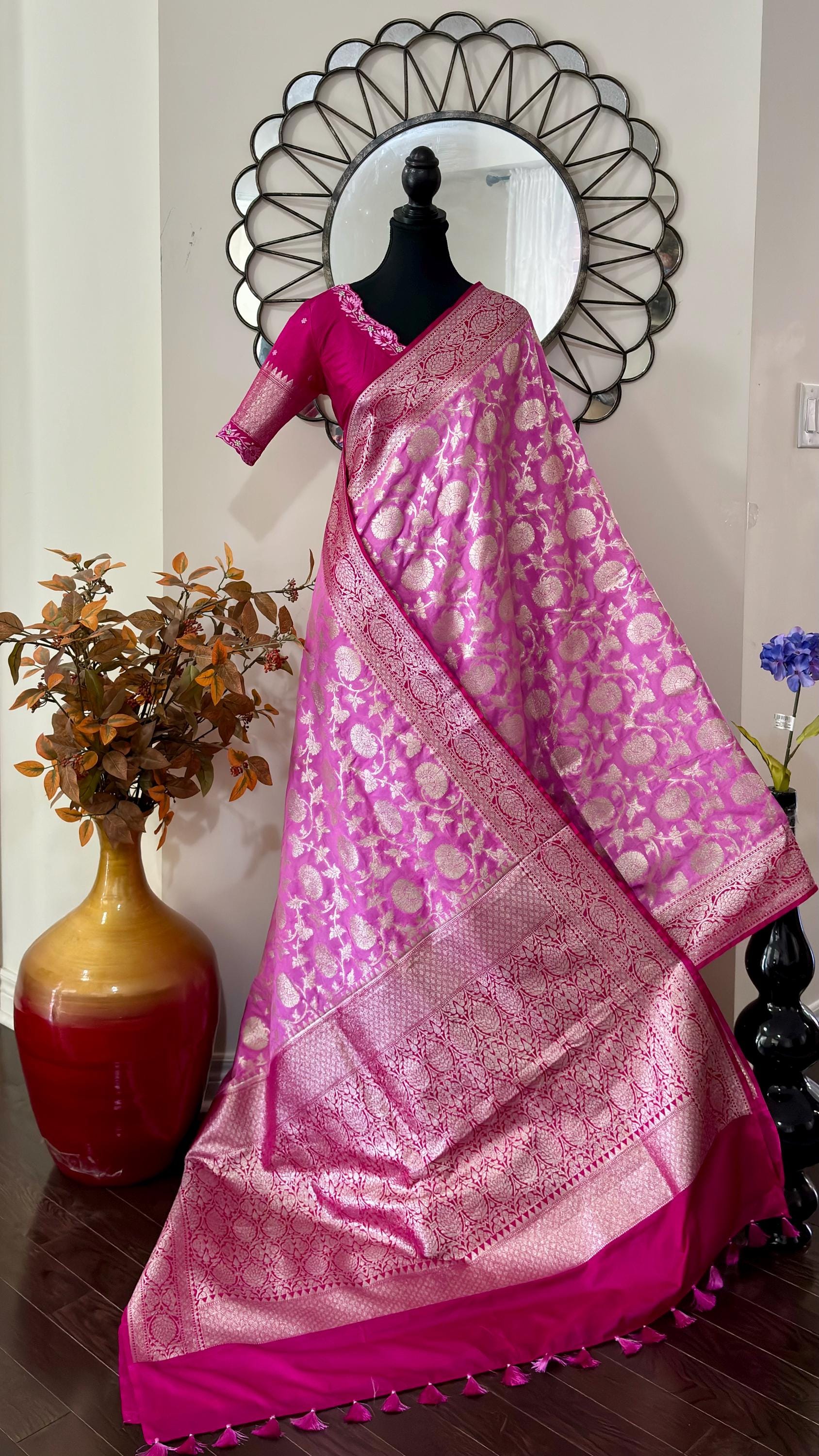 Beautiful banarasi silk saree paired up with beautiful embroidery blouse fits to 32 to 46 in beautiful rare colors all over jaal. Cocktails
