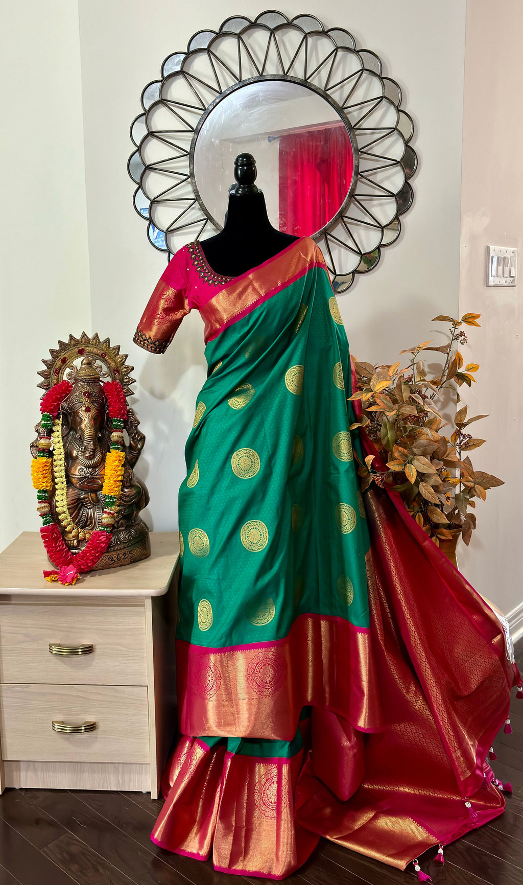 Kanchipuram soft silk saree in rare colors with beautifully done hand  made embroidered blouse with ready to wear work blouse fits 32 to 46