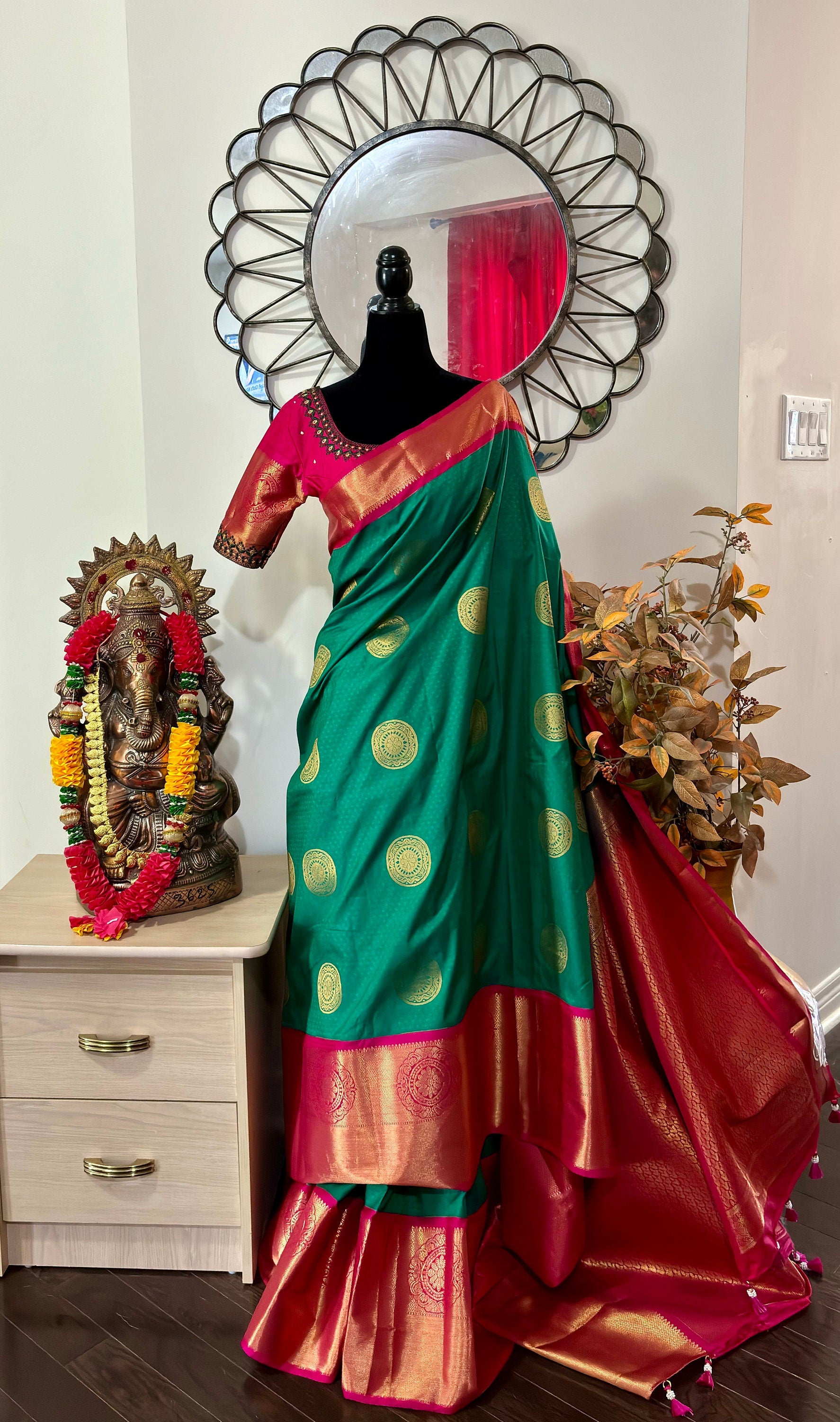 Kanchipuram soft silk saree in rare colors with beautifully done hand  made embroidered blouse with ready to wear work blouse fits 32 to 46