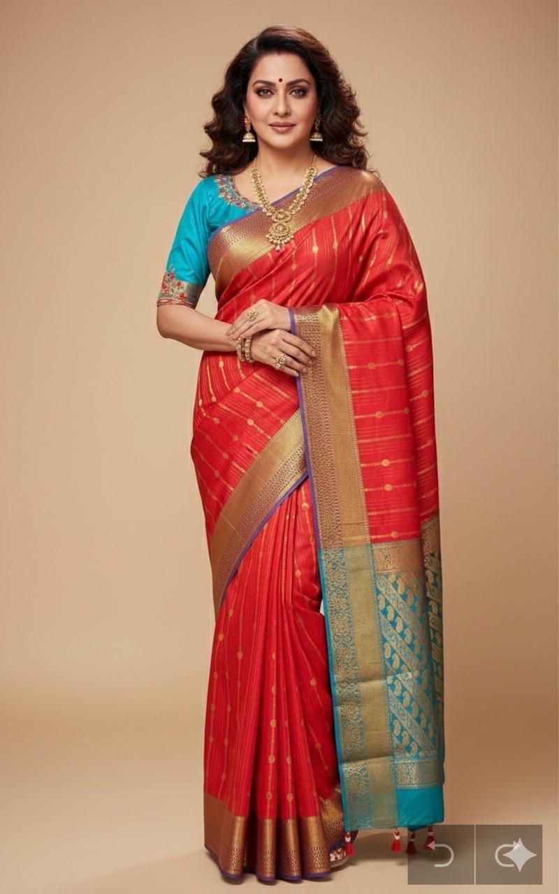 Kanchipuram soft silk saree in rarecolors with beautifully done hand  made embroidered blouse with readytowear work blouse fitsup to32 to 46