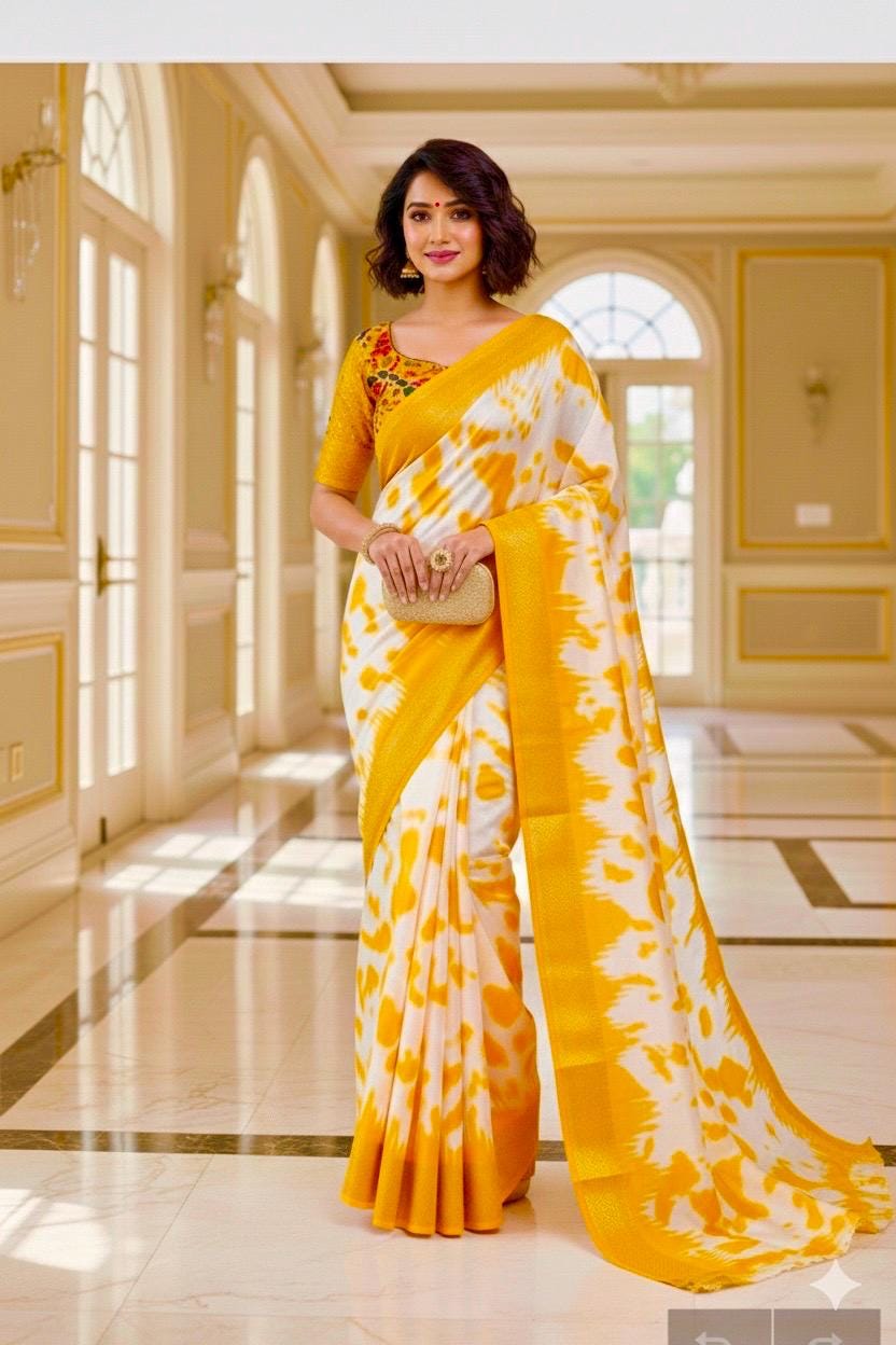 Beautiful banarasi lichi Silk with SHIBORI print  and PATOLA print pallu with contrast zari border Pairedwithdigital print ready Blouse