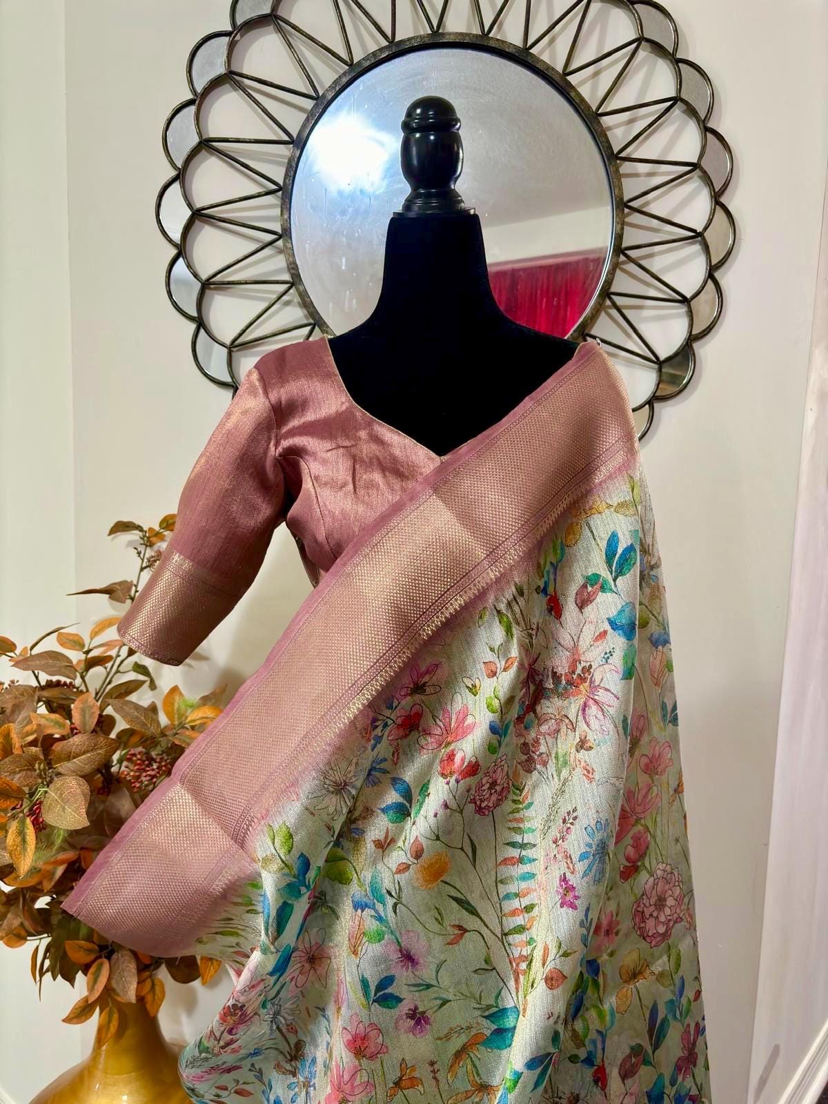 Light weight easy to drape Soft Silk fancy Saree; with beautiful digital floral prints  with Zari boarders ready to wear Blouse fits 32-46
