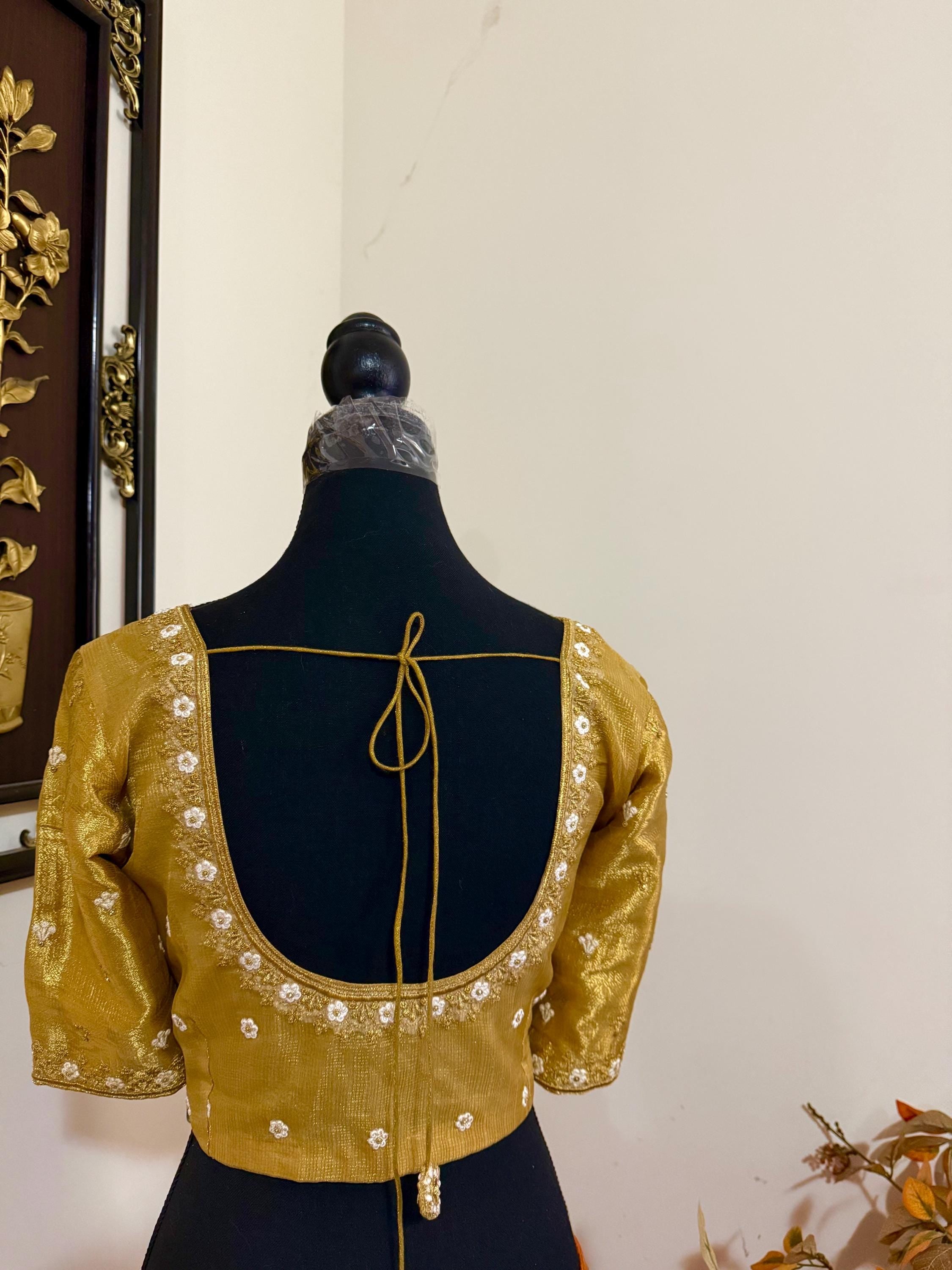 Banarasi double shades golden  tissue saree with self weaving stripes  on all over with beautifully done work blouse fits 32 to 46