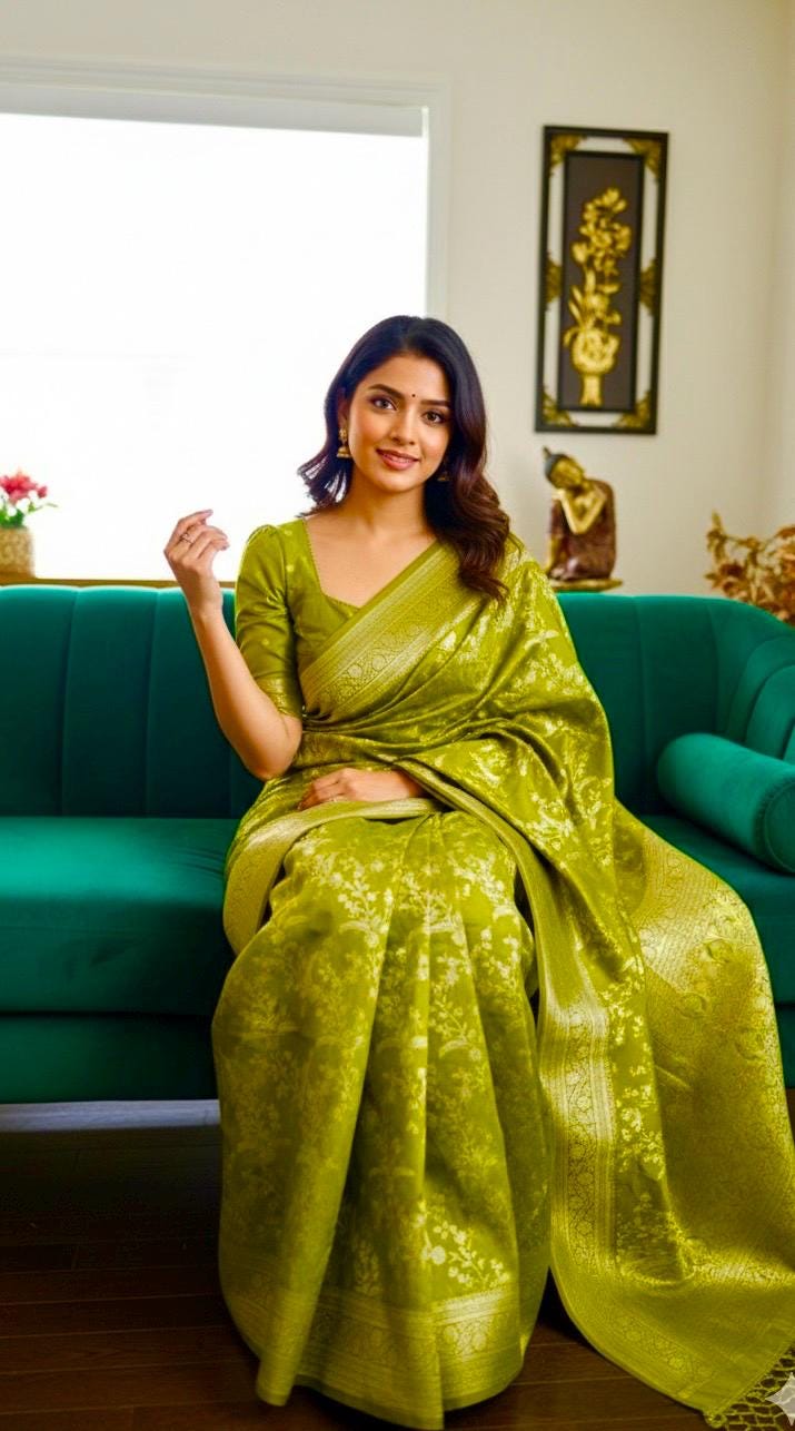 Beautiful banarasi saree with silver Zari weaving all over the saree paired up with pretty ready to wear  blouse that fits to 32 to 46
