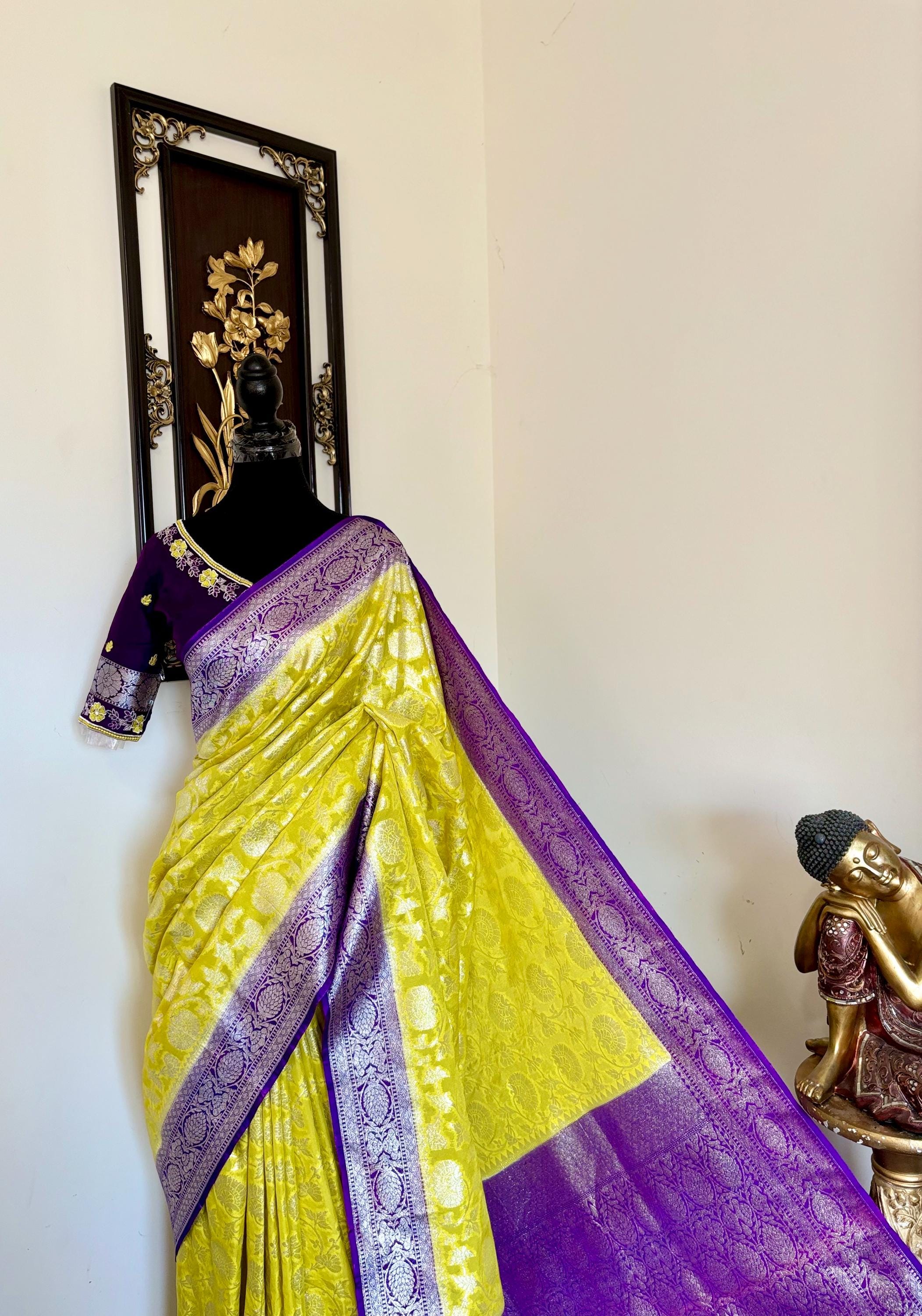 Beautiful banarasi silk saree paired up with beautiful embroidery blouse fits to 32 to 46 in beautiful rare colors all over jaal. Cocktails