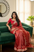 Beautiful Banarasi kataan silk  saree paired up with pretty Maggam work blouse. Blouse sizes can be customized.