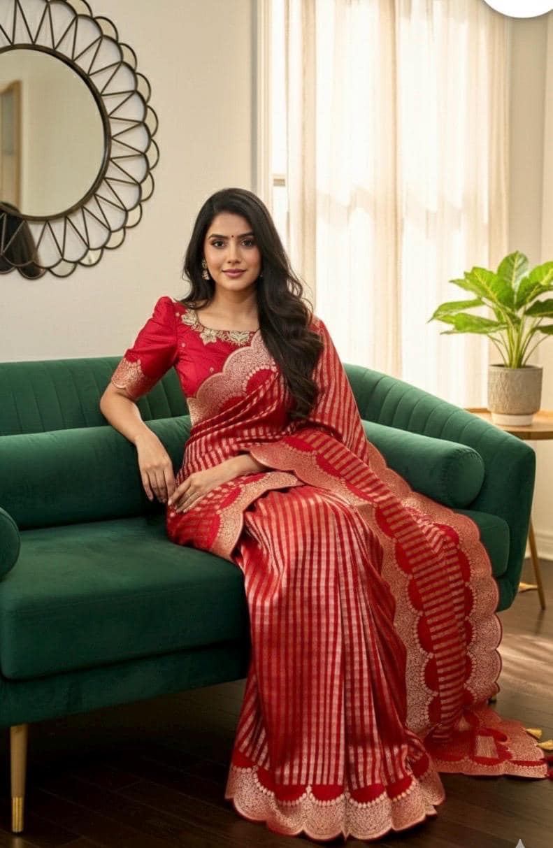 Beautiful Banarasi kataan silk  saree paired up with pretty Maggam work blouse. Blouse sizes can be customized.