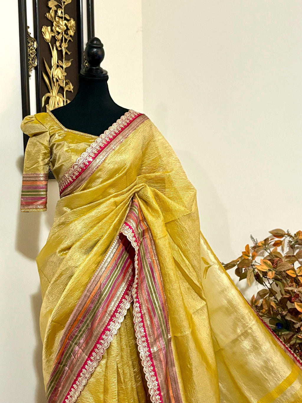 Beautiful party wear cocktail pure silk  crush tissue  saree paired up with pretty designer Blouse fits 32-46/contact seller for availabil