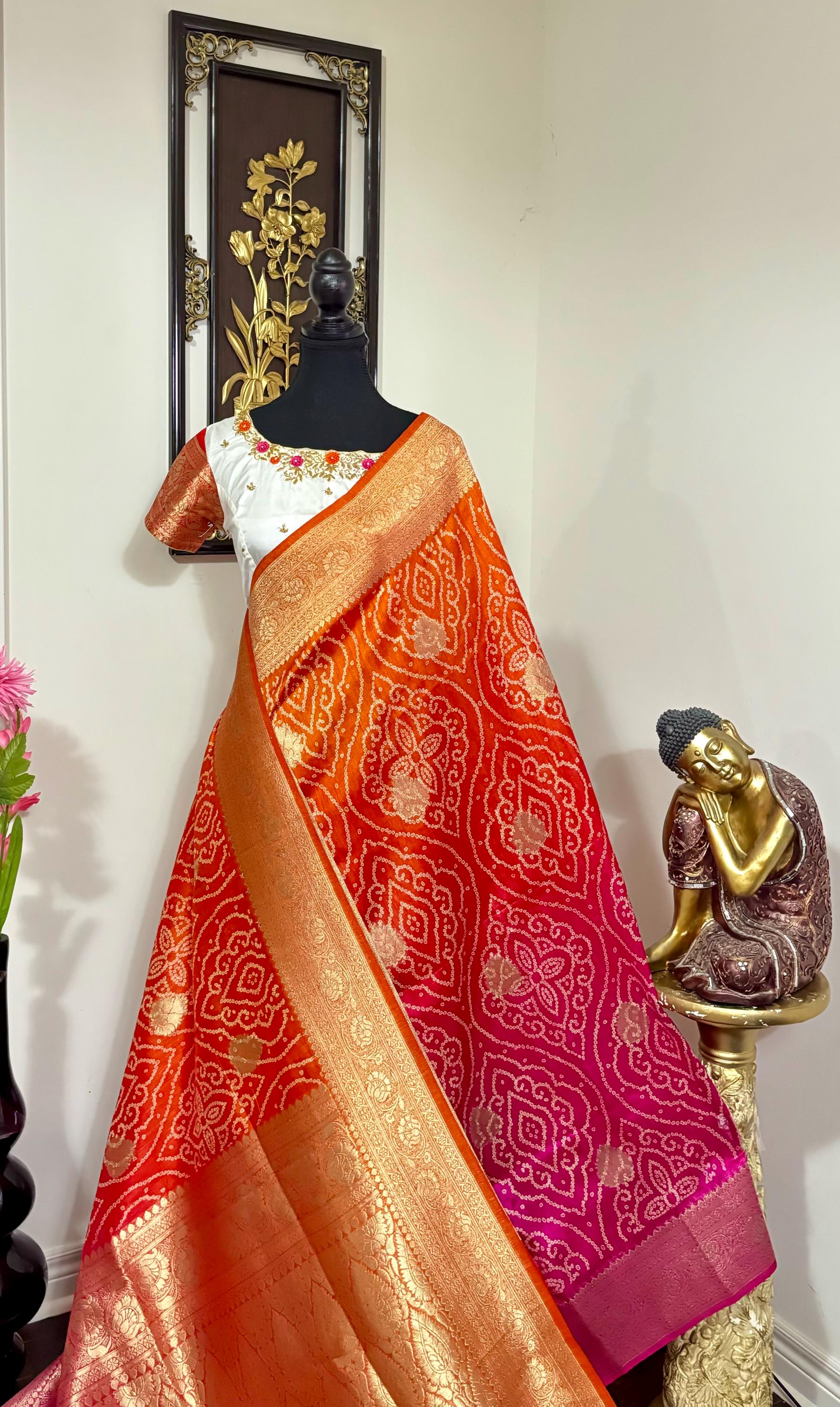 Beautiful cocktail dual shade  bandini silk saree paired up pretty maggam blouse fits  sizes 32 -46 ready to wear prettiest blouse