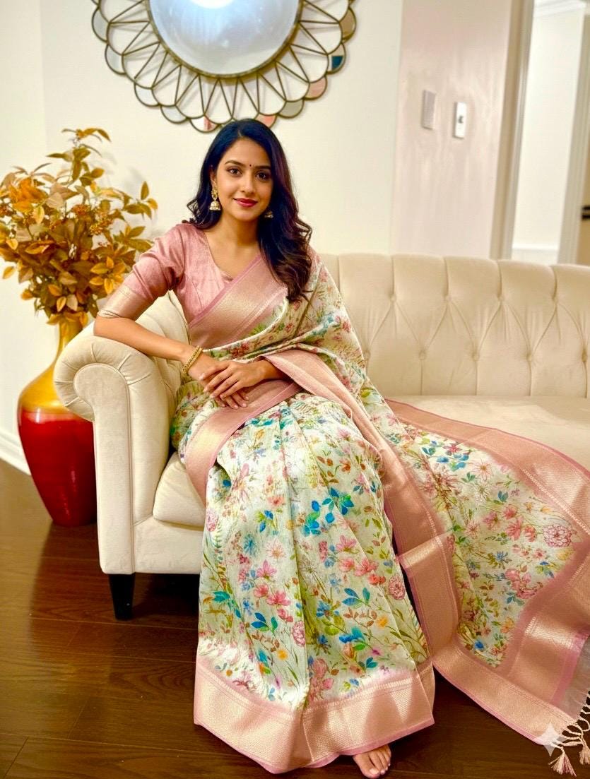 Light weight easy to drape Soft Silk fancy Saree; with beautiful digital floral prints  with Zari boarders ready to wear Blouse fits 32-46