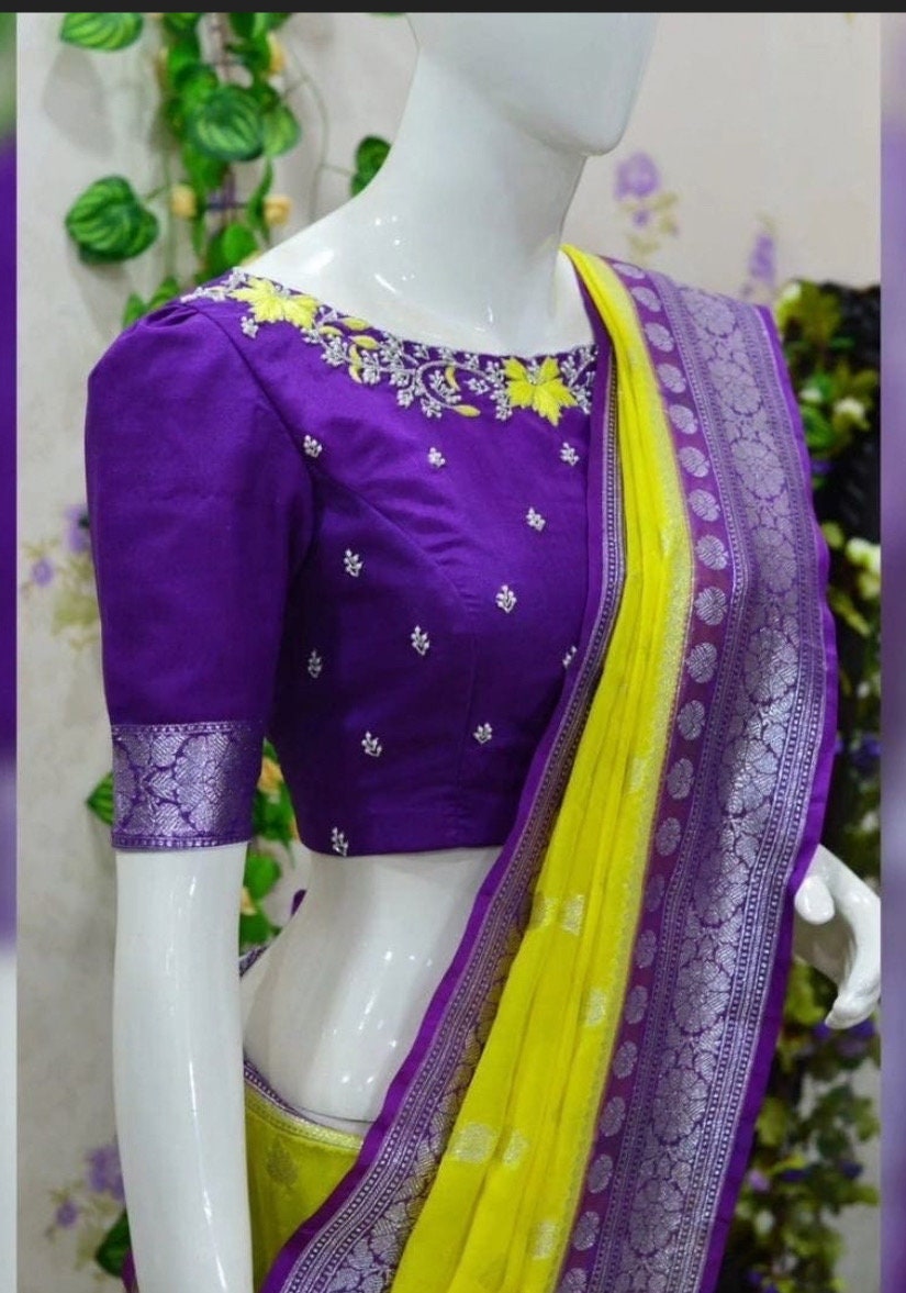 Beautiful banarasi saree paired up with pretty maggam work blouse fits to 32 to 46 awesome colors