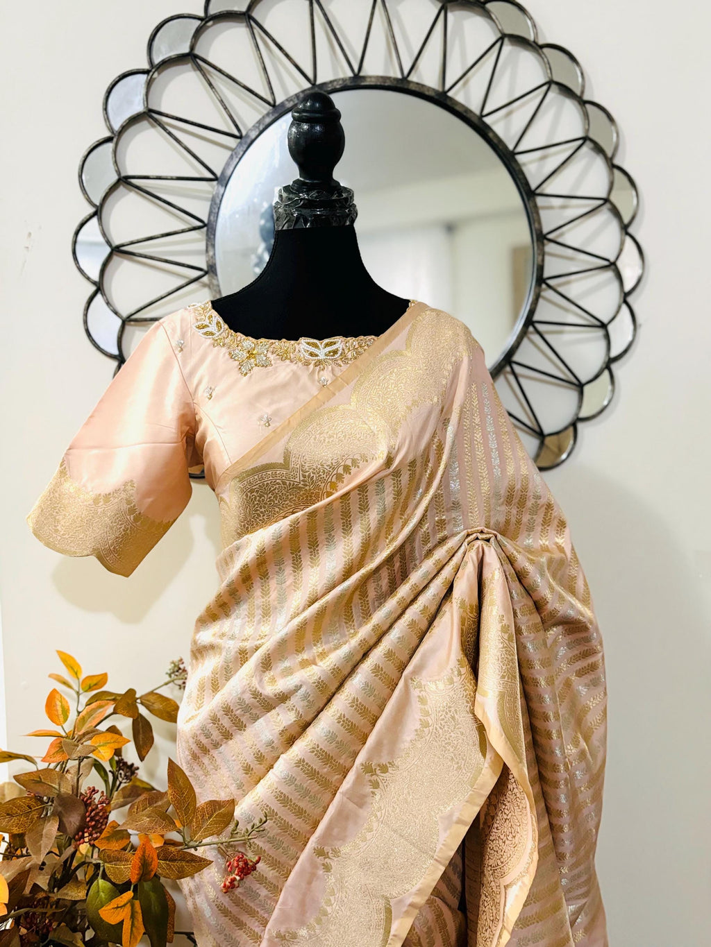 Beautiful Banarasi kataan silk  saree paired up with pretty Maggam work blouse. Blouse sizes can be customized.