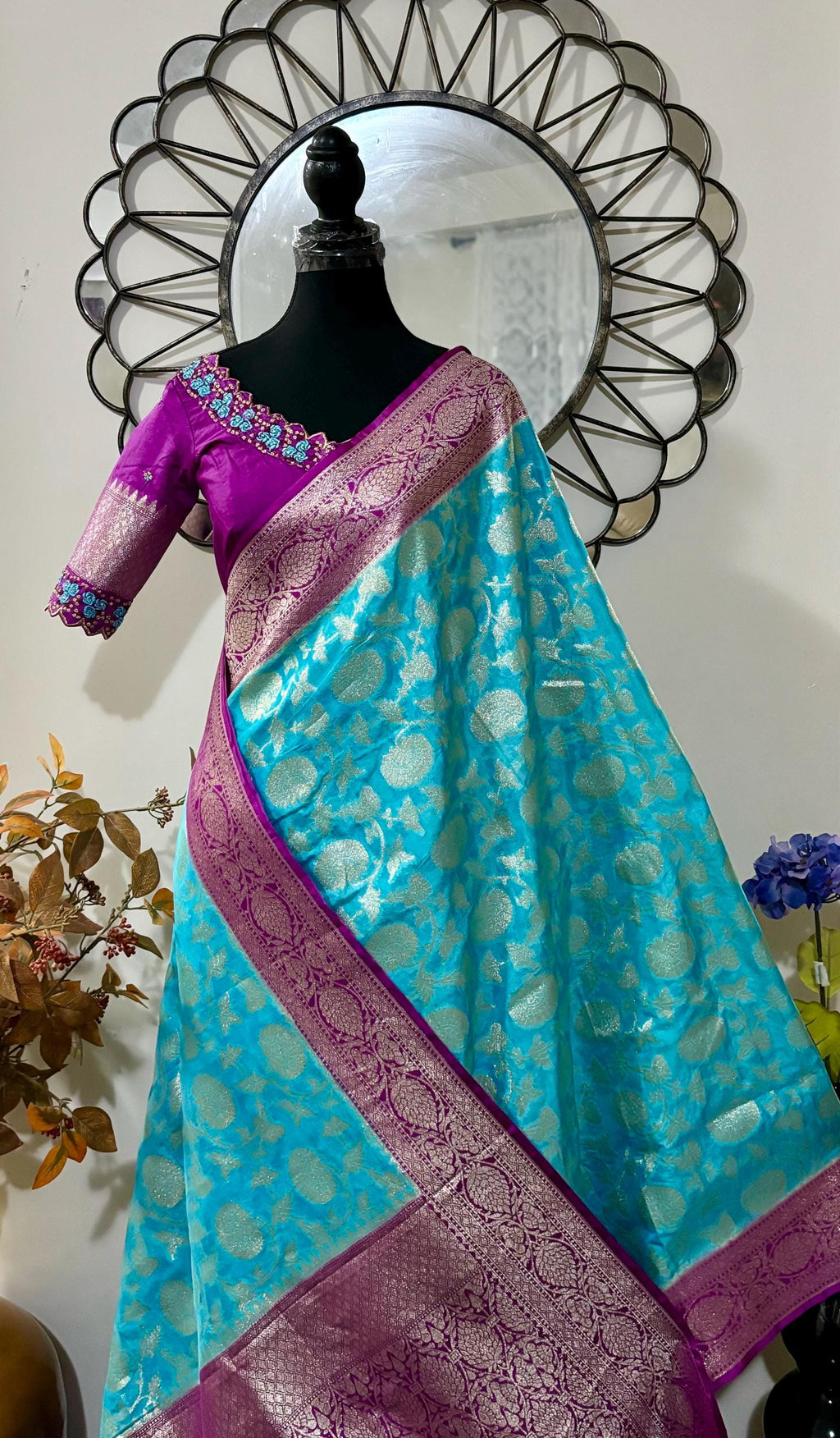 Beautiful banarasi silk saree paired up with beautiful embroidery blouse fits to 32 to 46 in beautiful rare colors all over jaal. Cocktails