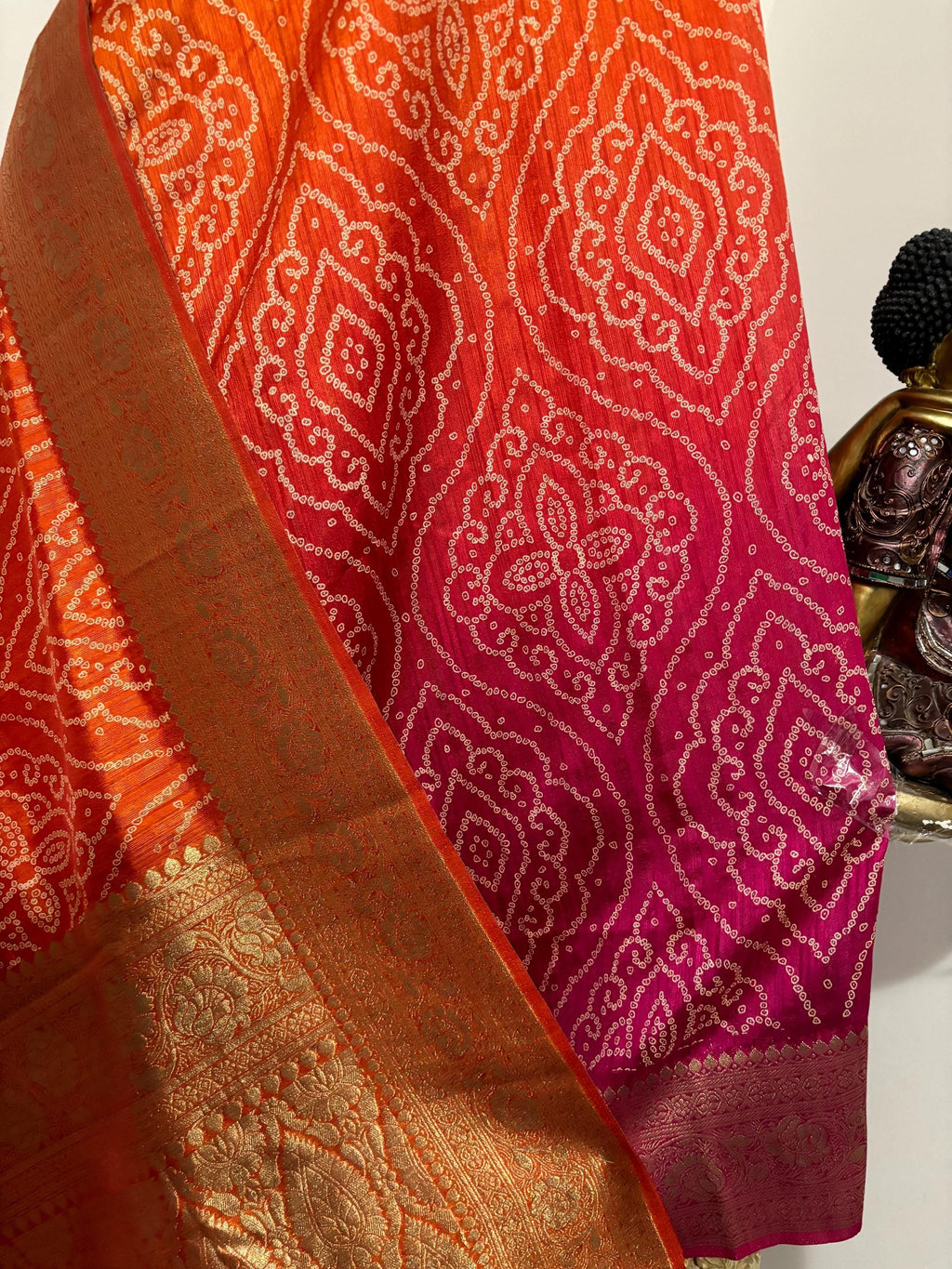 Beautiful cocktail dual shade banarasi  bandhini silk saree paired up pretty maggam blouse fits  sizes 32 -46 ready to wear prettiest blouse