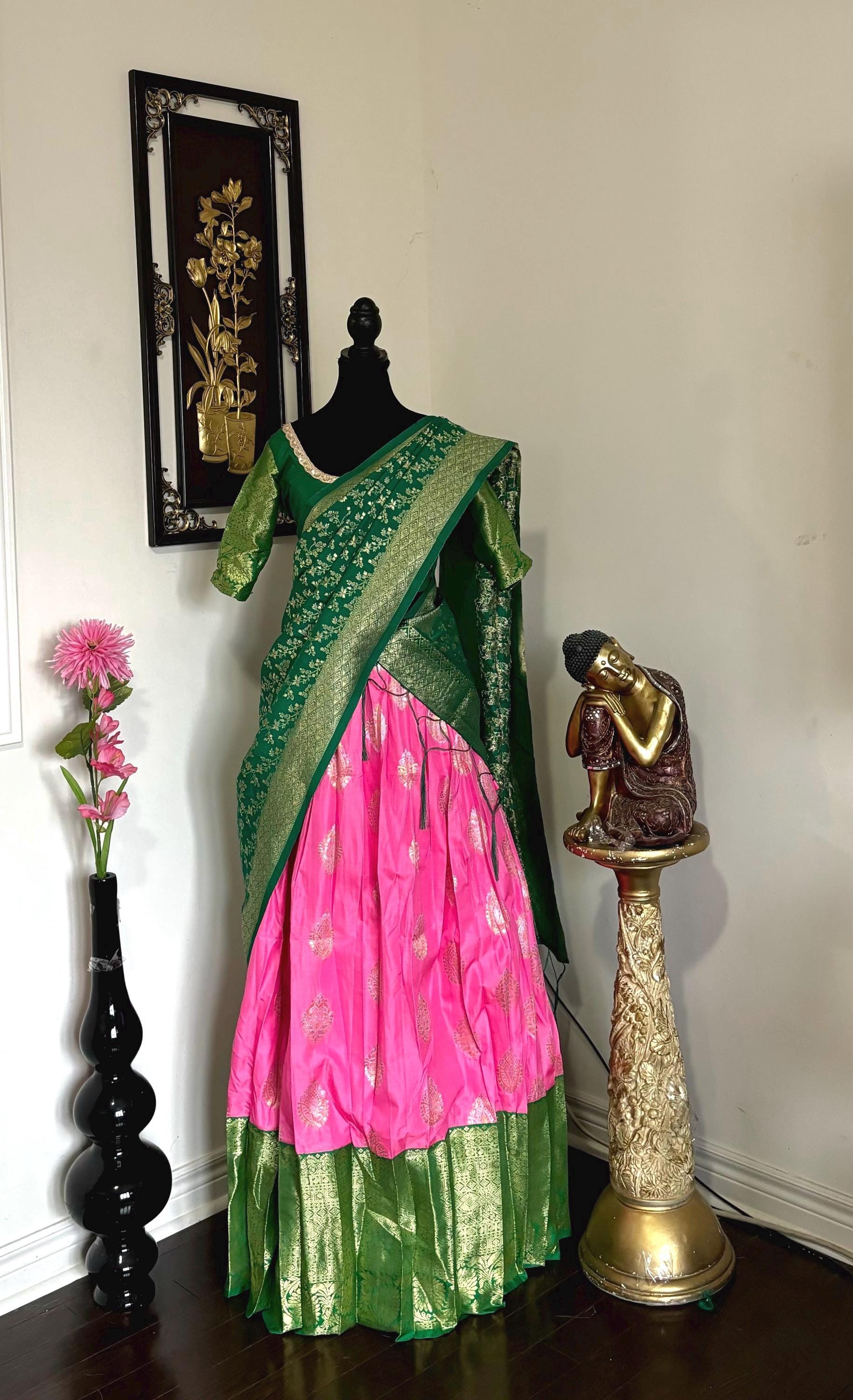 Beautiful colors Kanchi pattu Lihanga with beautiful Kanchi boarder is made of Handloom cloths ready with ready to wear blouse sizes 32 - 48