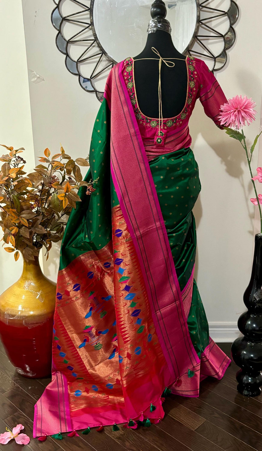 Beautiful pythani pure silk saree with   ready to wear beautiful  work blouse fits up to 32 to 46  purple  color, saree is ready to wear