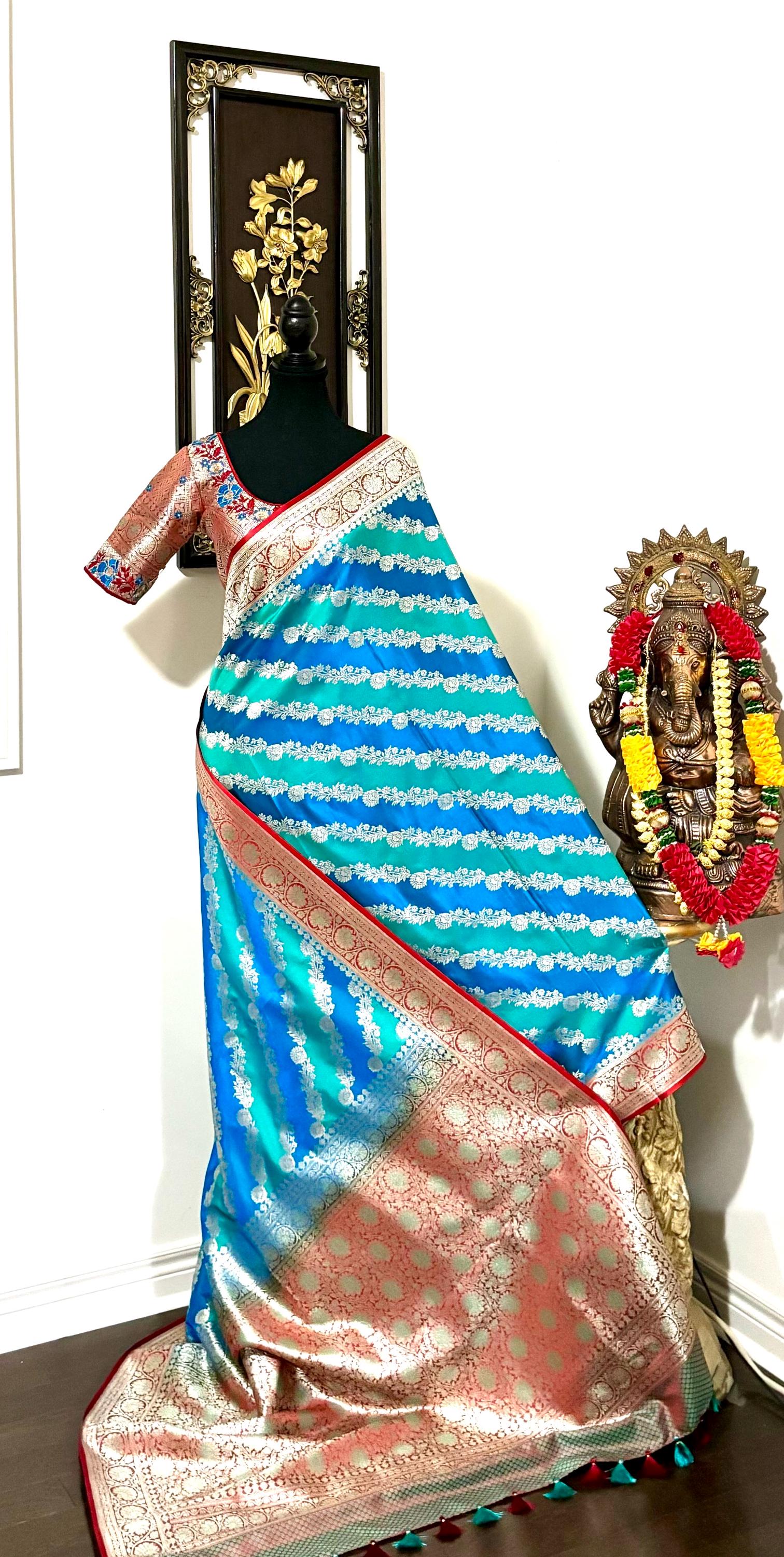 Pure silk  banarasi silk saree paired up with beautiful embroidery blouse fits to 32 to 46 in beautiful rare colors all over jaal. Cocktails