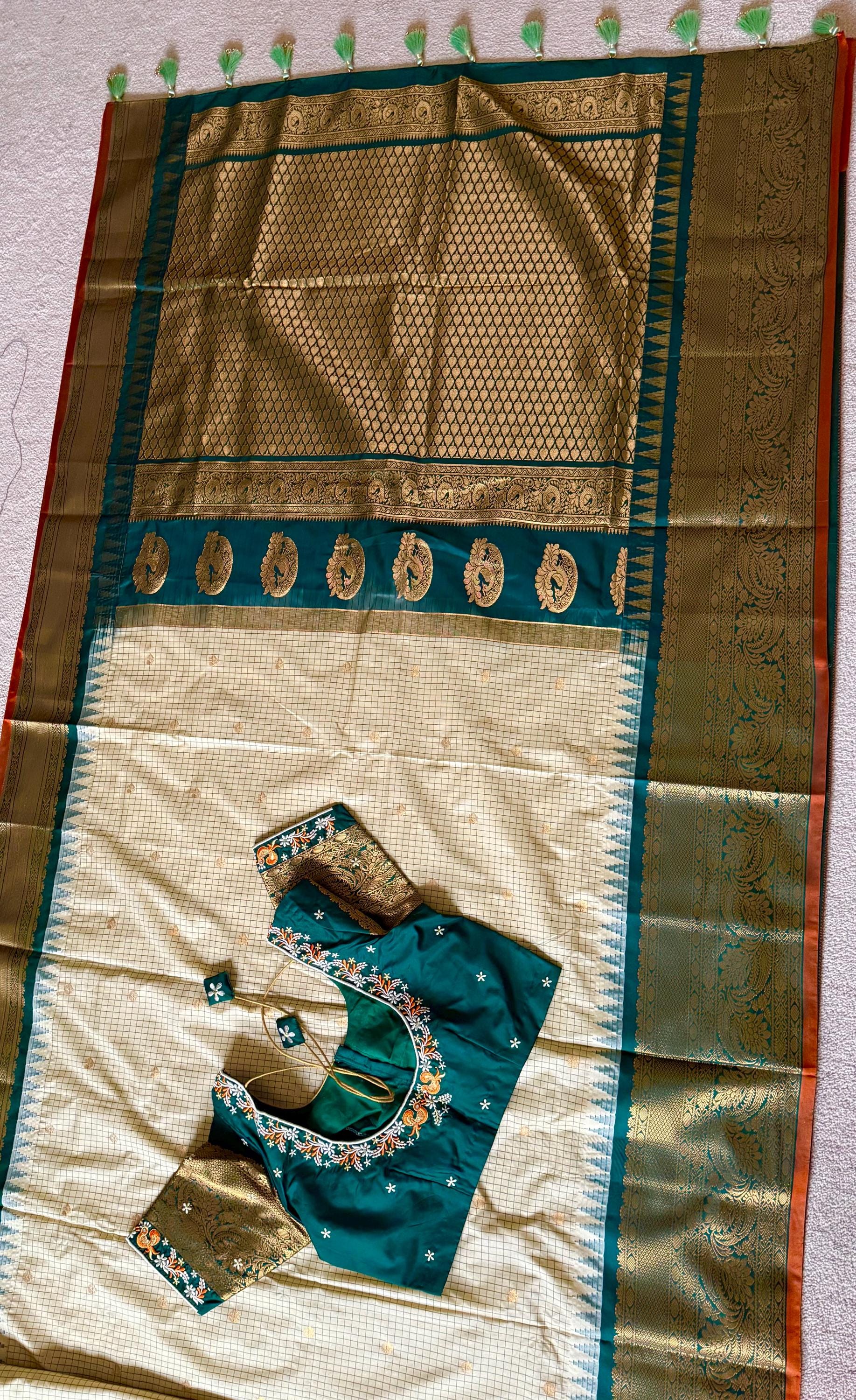 Gadwal Handloom pure silk sarees in rare colors and ready to wear blouse with embroidered blouse fits up to 32 -46 saree is ready fall pico