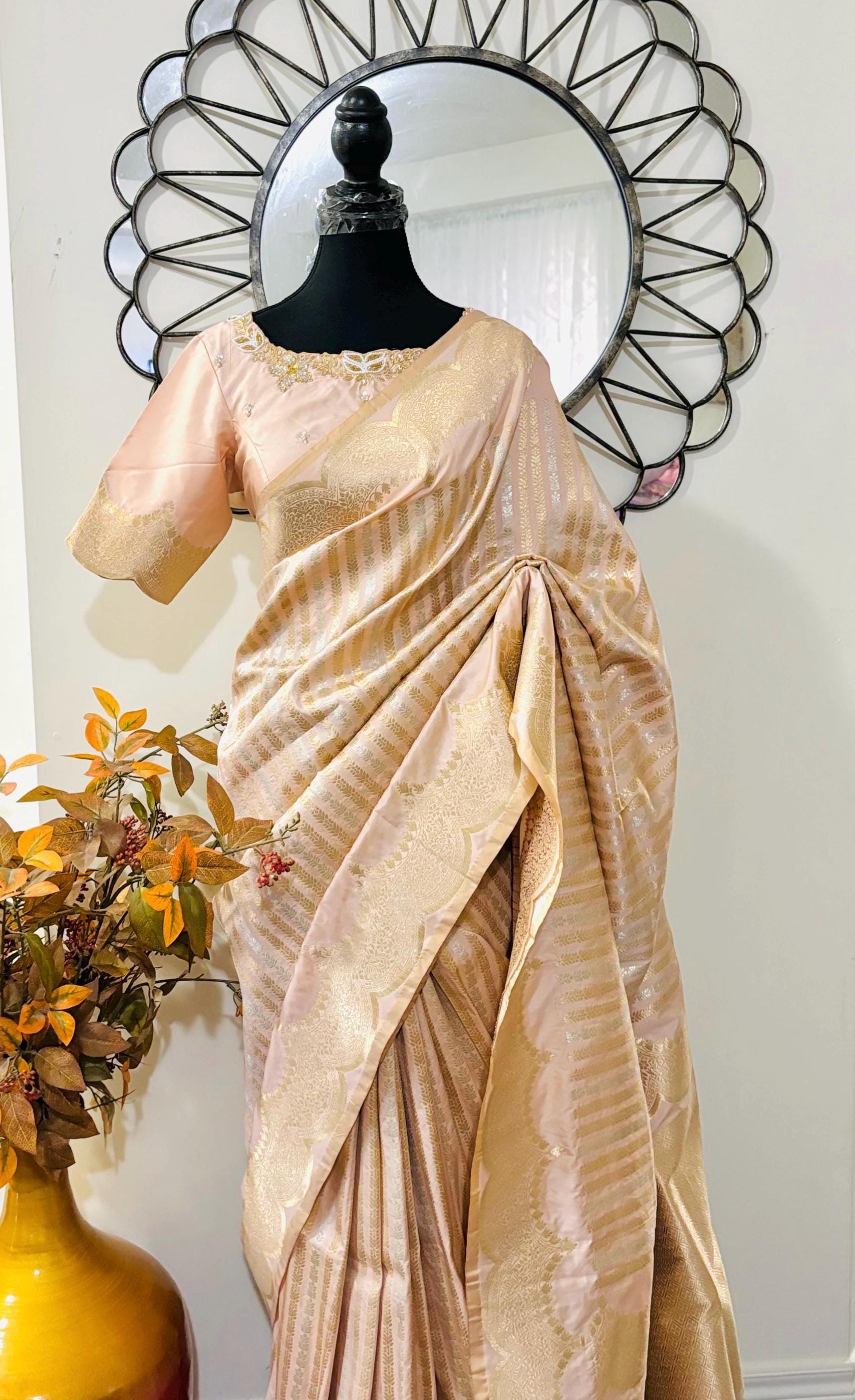 Beautiful Banarasi kataan silk  saree paired up with pretty Maggam work blouse. Blouse sizes can be customized.