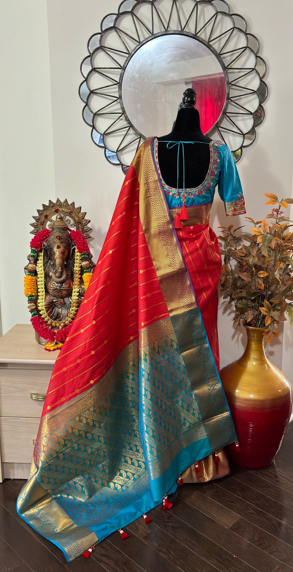Kanchipuram soft silk saree in rarecolors with beautifully done hand  made embroidered blouse with readytowear work blouse fitsup to32 to 46